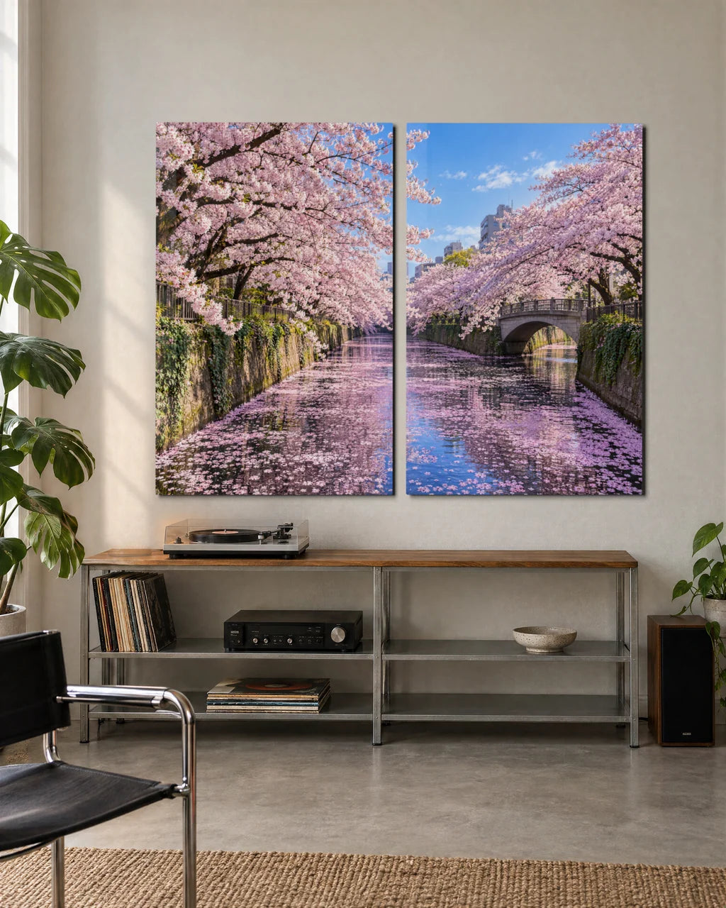 Meguro Blossom River Duo — 2-panel set shown in a living space