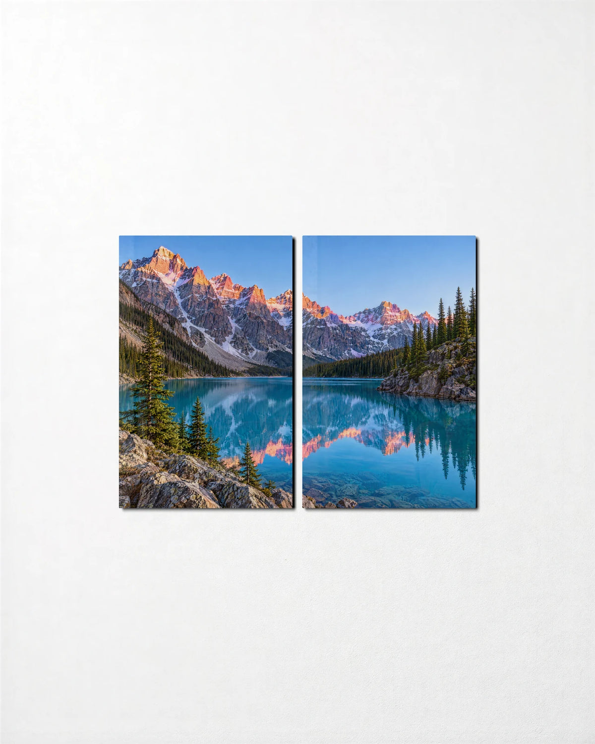 Moraine Lake Duo — 2-panel glass wall art set on a wall