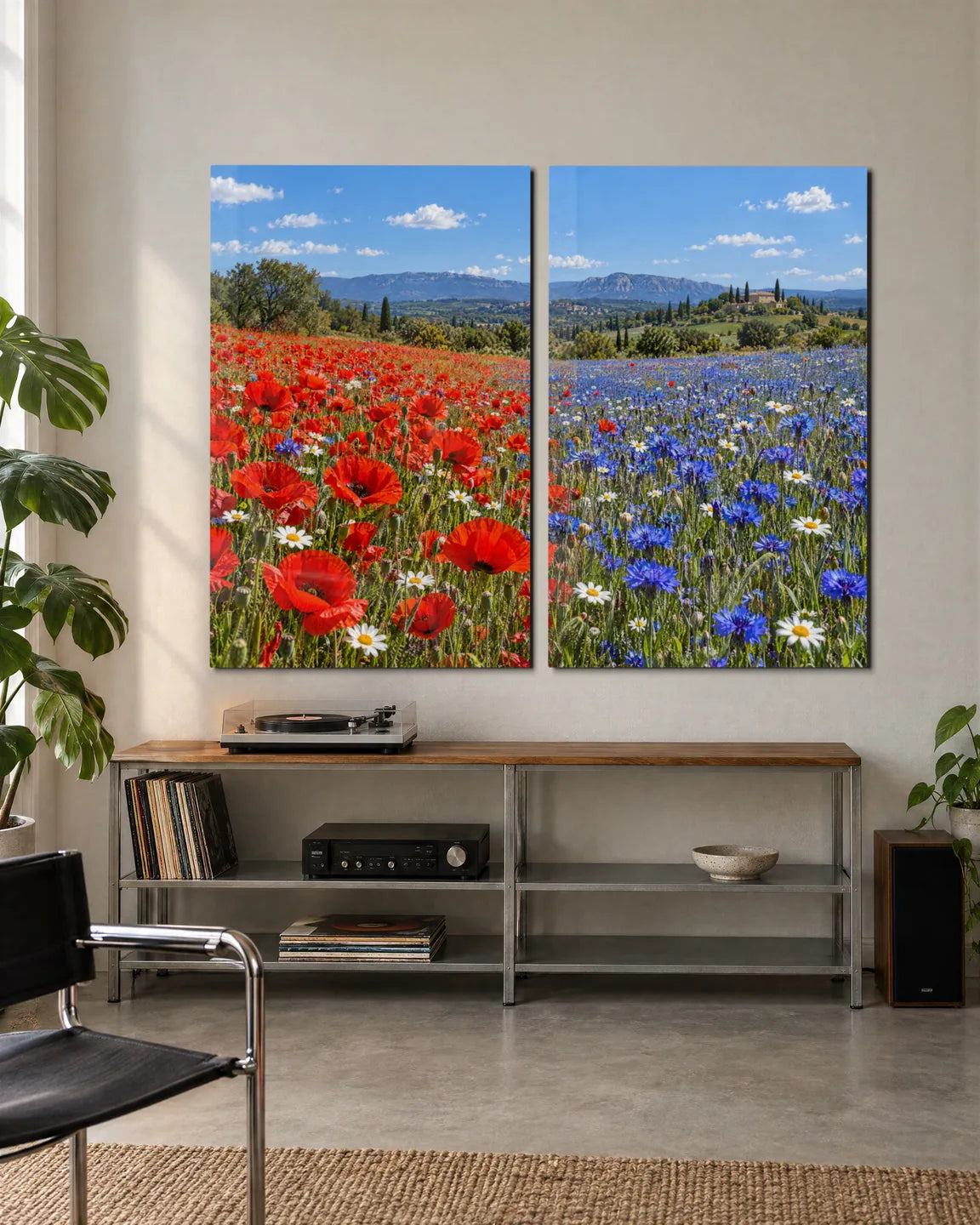 Poppies and Cornflowers Duo — 2-panel set shown in a living space