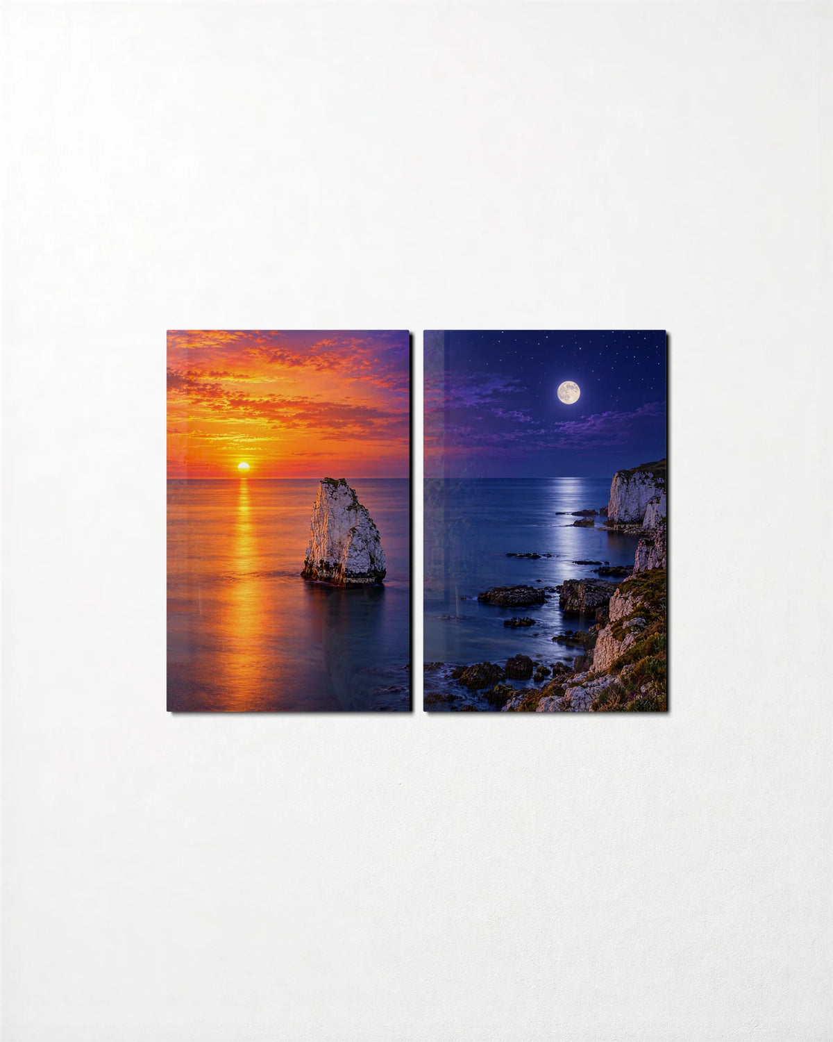 Sun and Moon Coast Duo — 2-panel glass wall art set on a wall