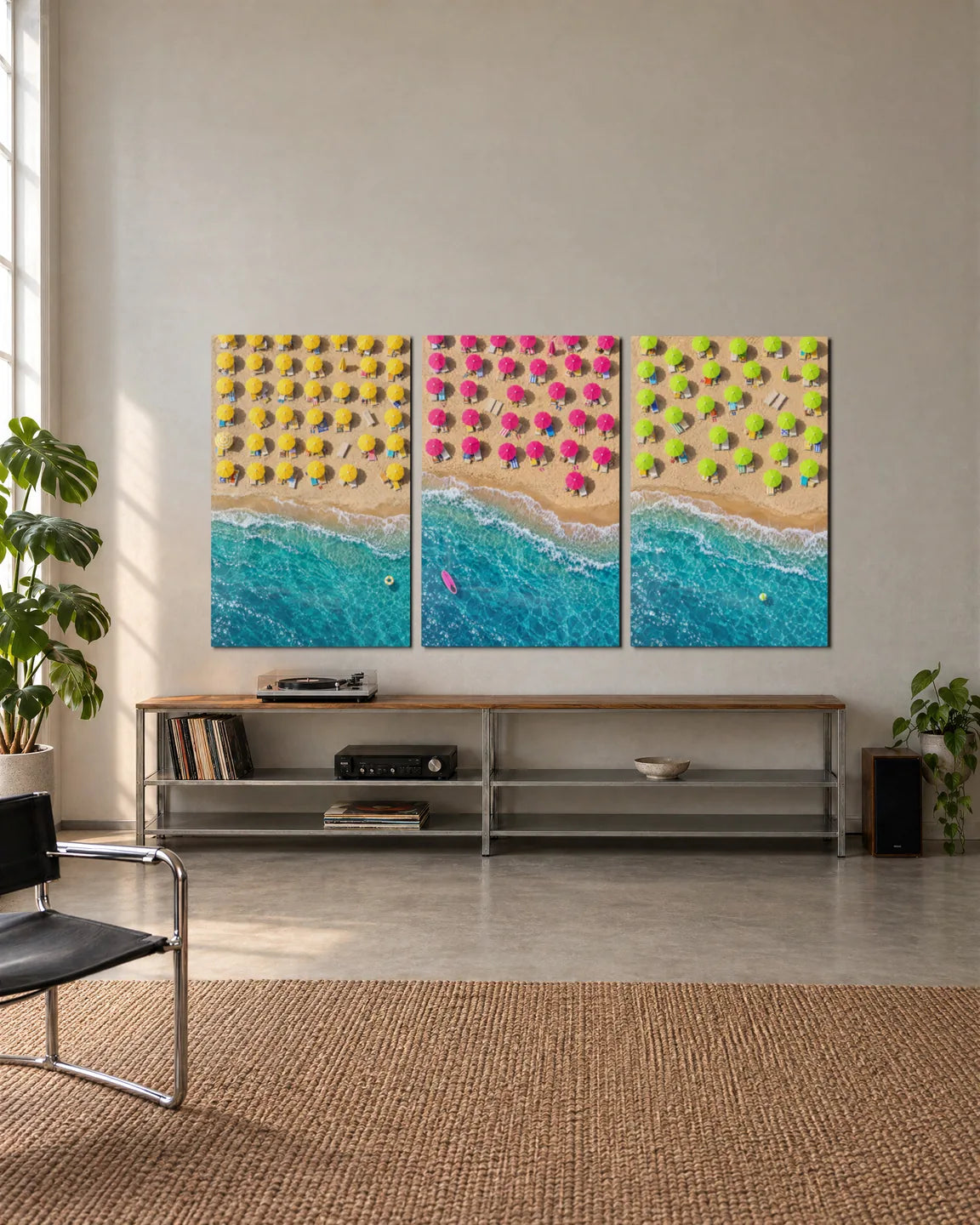 Beach Umbrellas Trio — 3-panel set shown in a living space