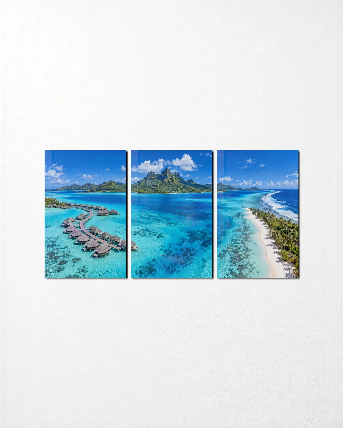 Bora Bora Trio — 3-panel glass wall art set on a wall