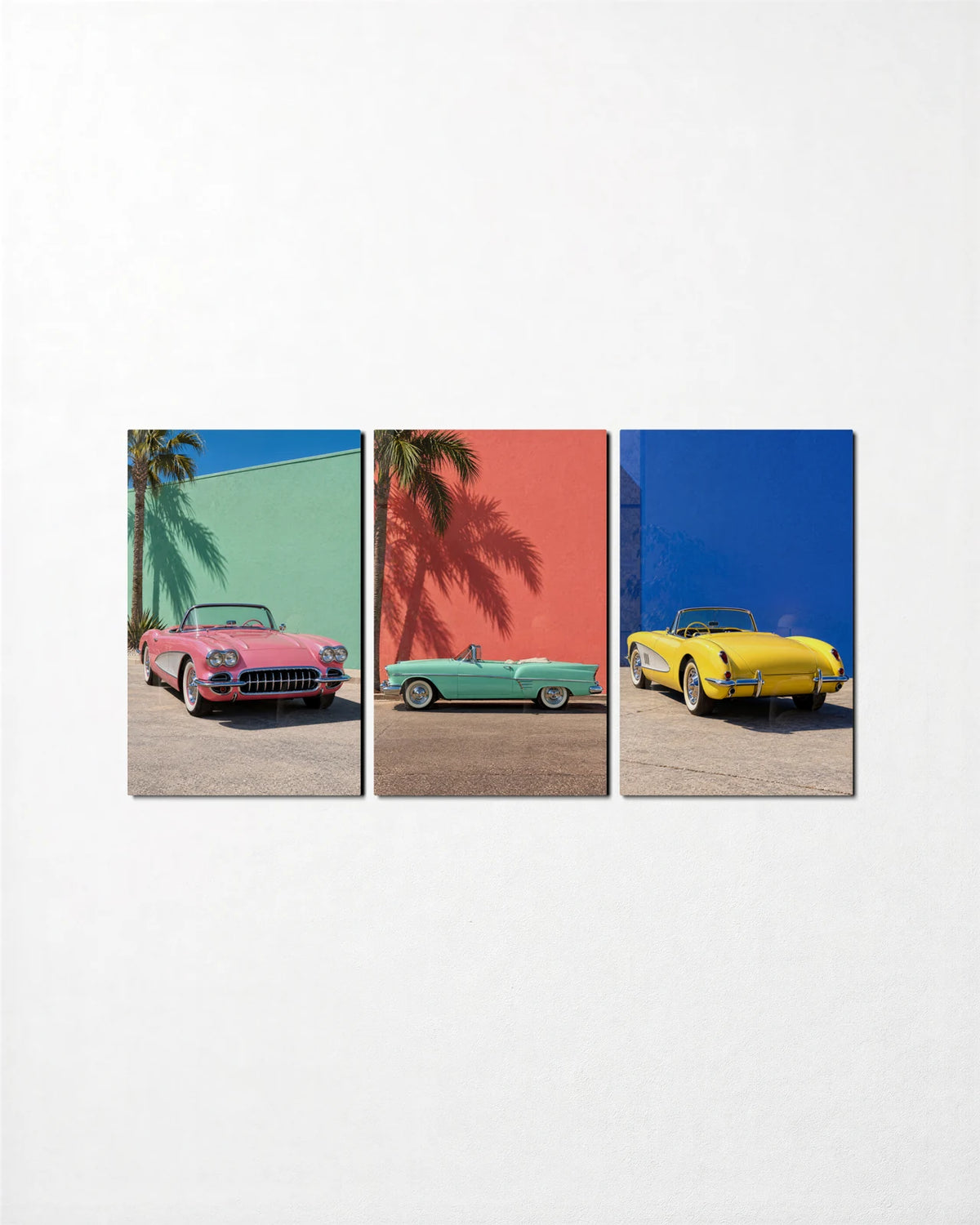 Vintage Convertibles Trio — 3-panel glass wall art set on a wall
