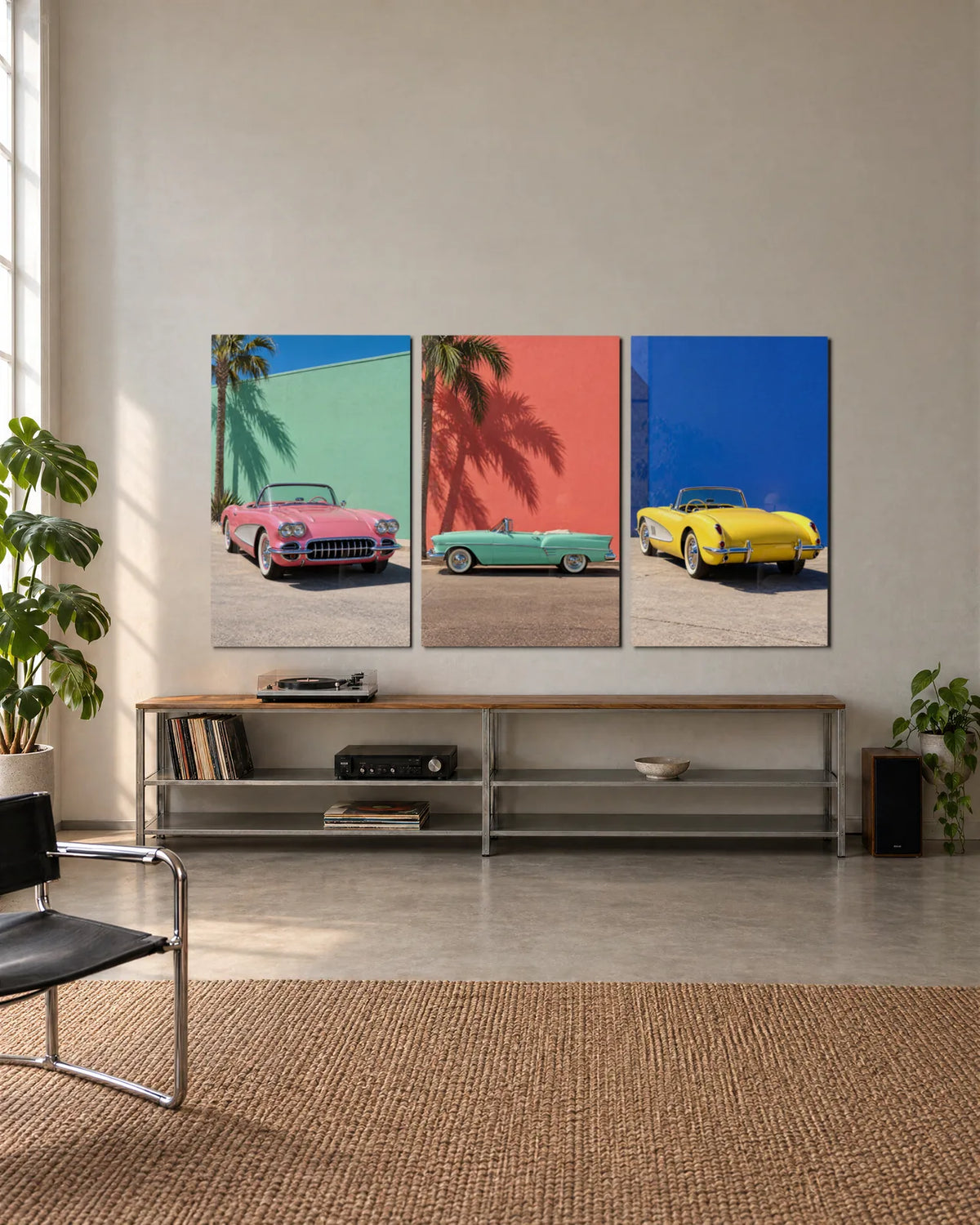 Vintage Convertibles Trio — 3-panel set shown in a living space