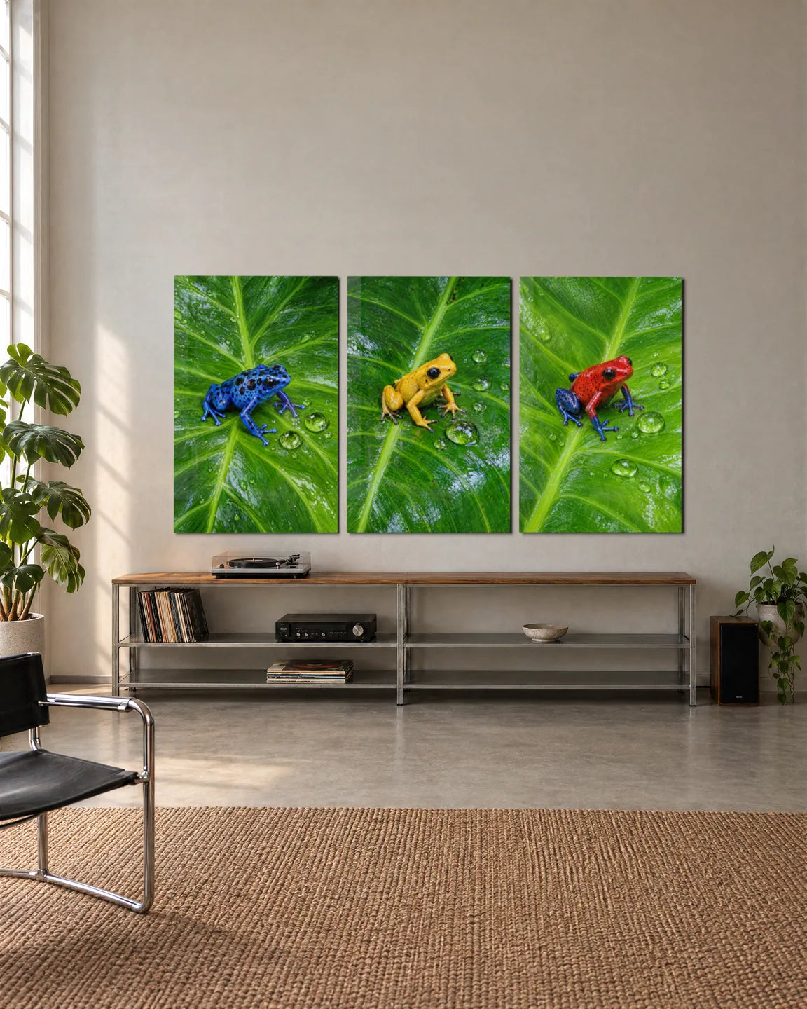Tiny Frogs Trio — 3-panel set shown in a living space