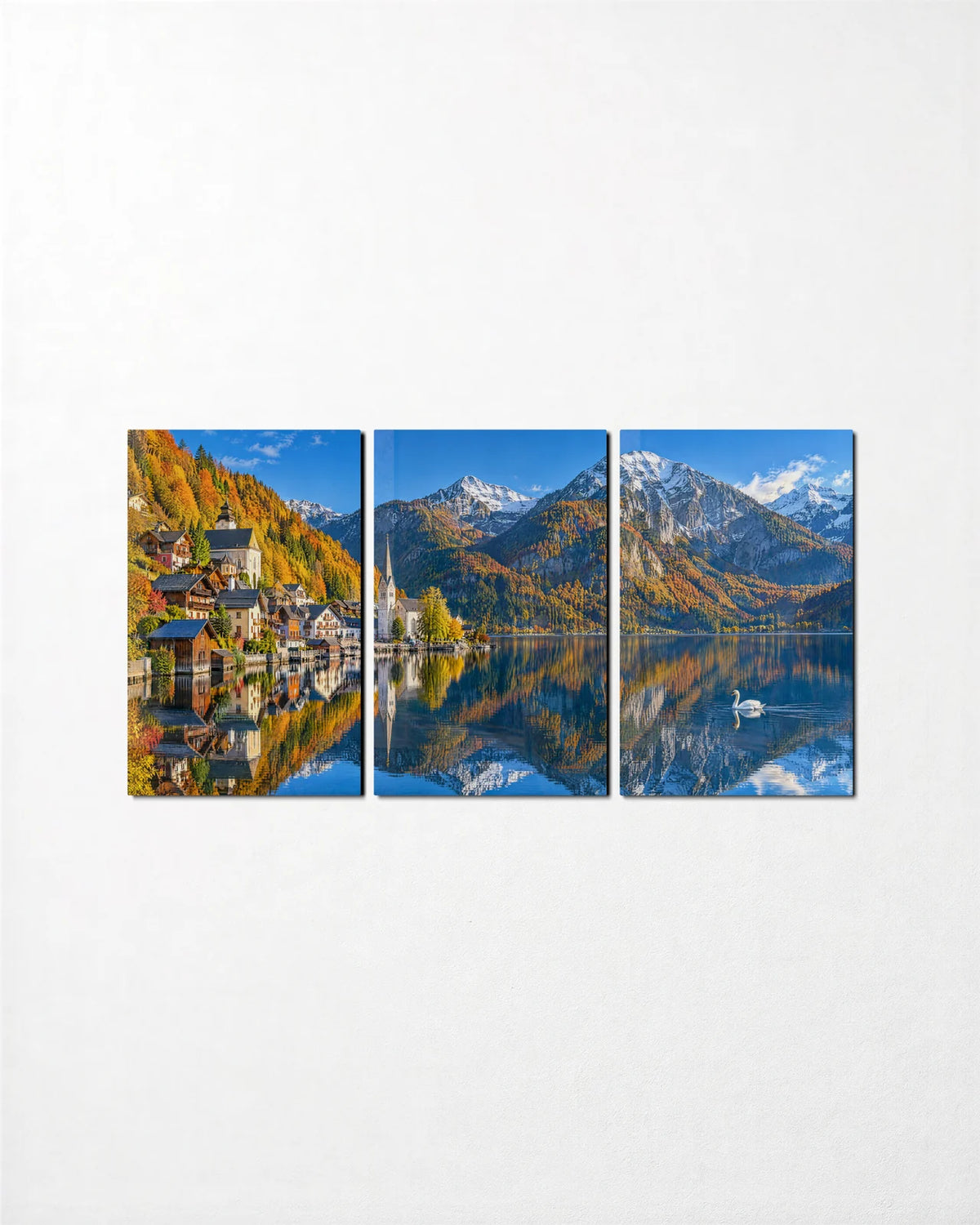 Hallstatt Lakeside Trio — 3-panel glass wall art set on a wall