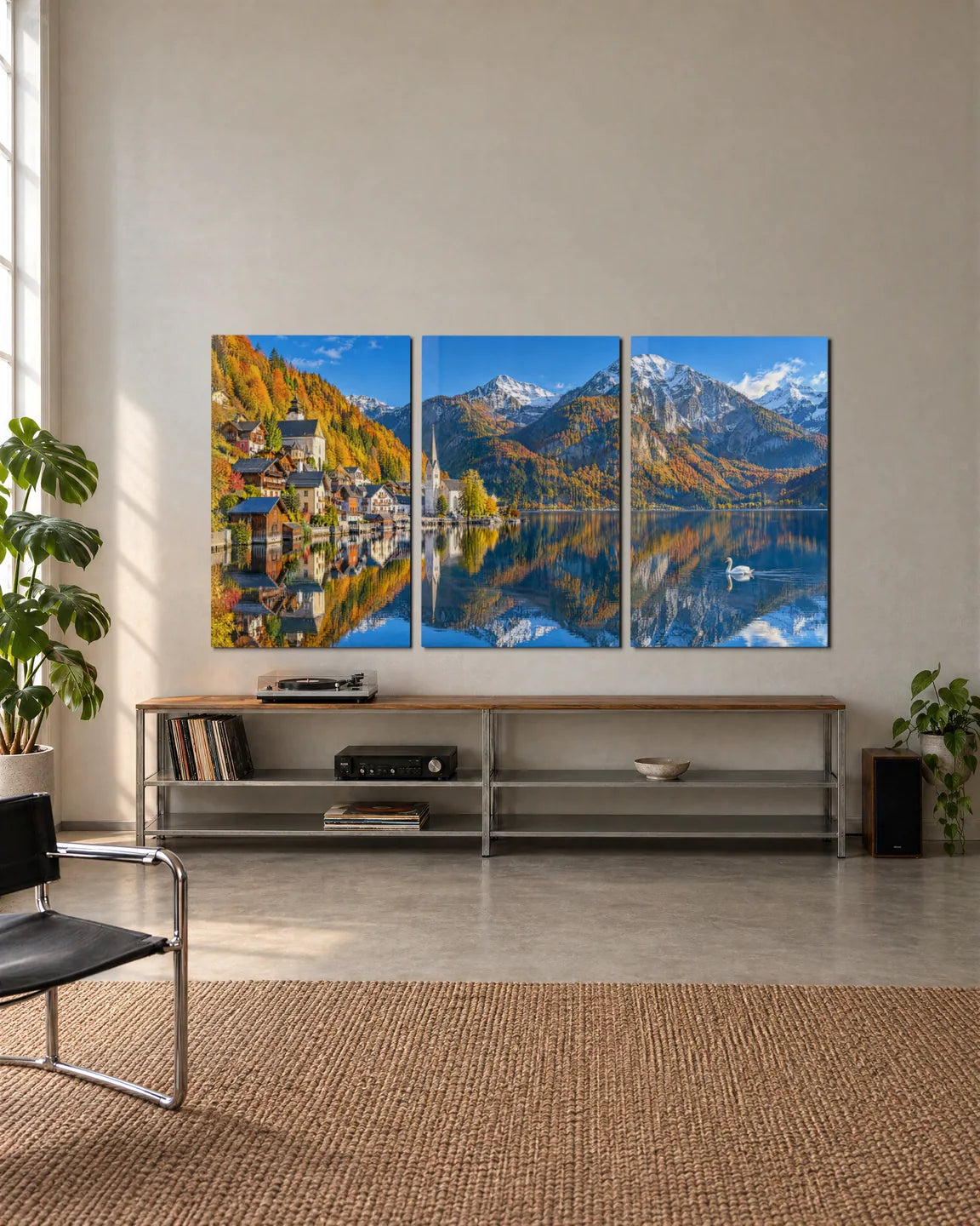 Hallstatt Lakeside Trio — 3-panel set shown in a living space