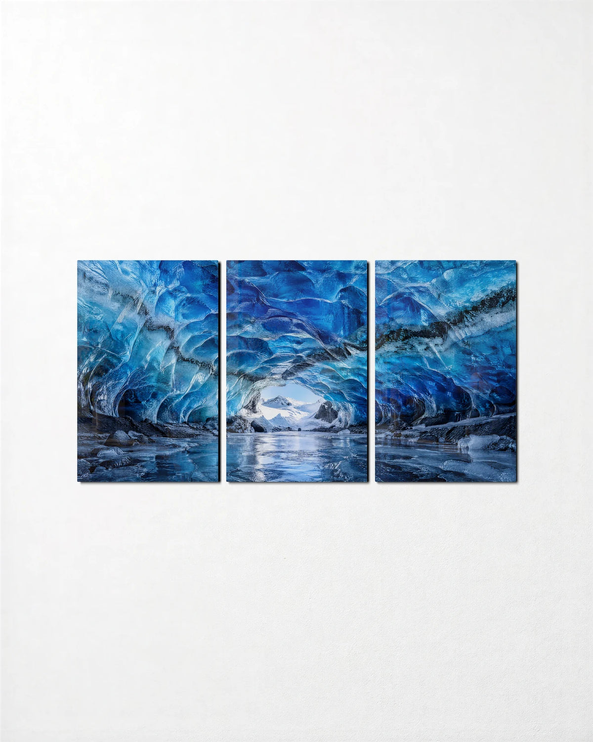 Ice Cave Trio — 3-panel glass wall art set on a wall
