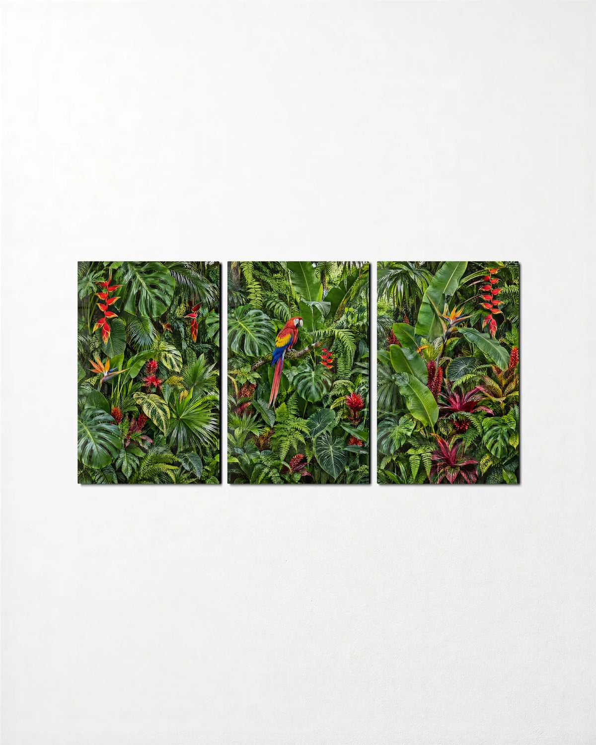 Jungle Wall Trio — 3-panel glass wall art set on a wall
