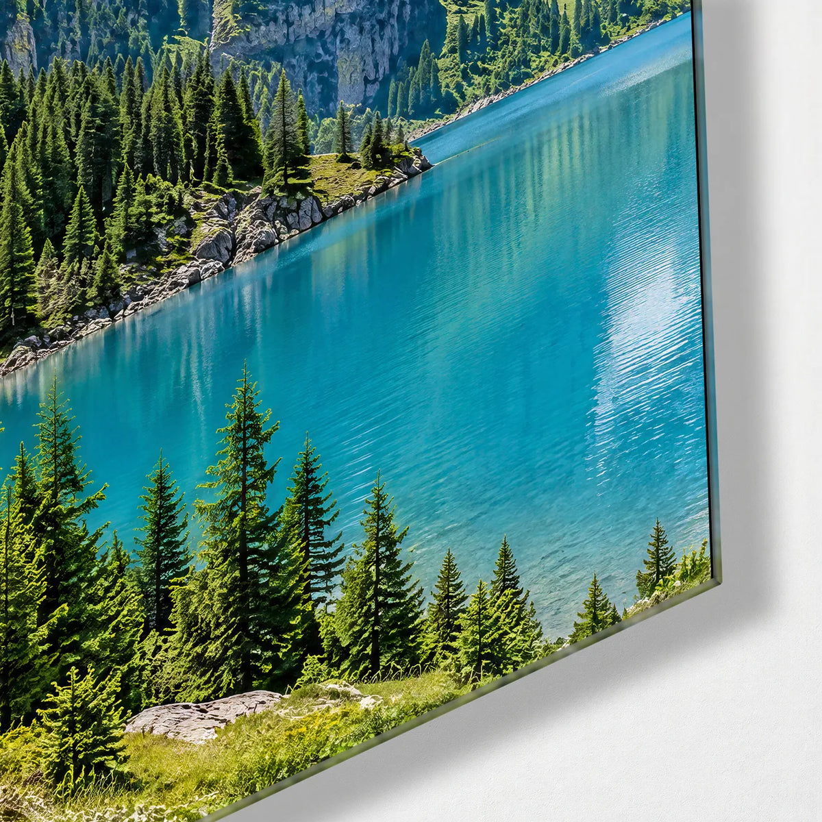 Alpine Lake Trio — corner detail of one glass panel