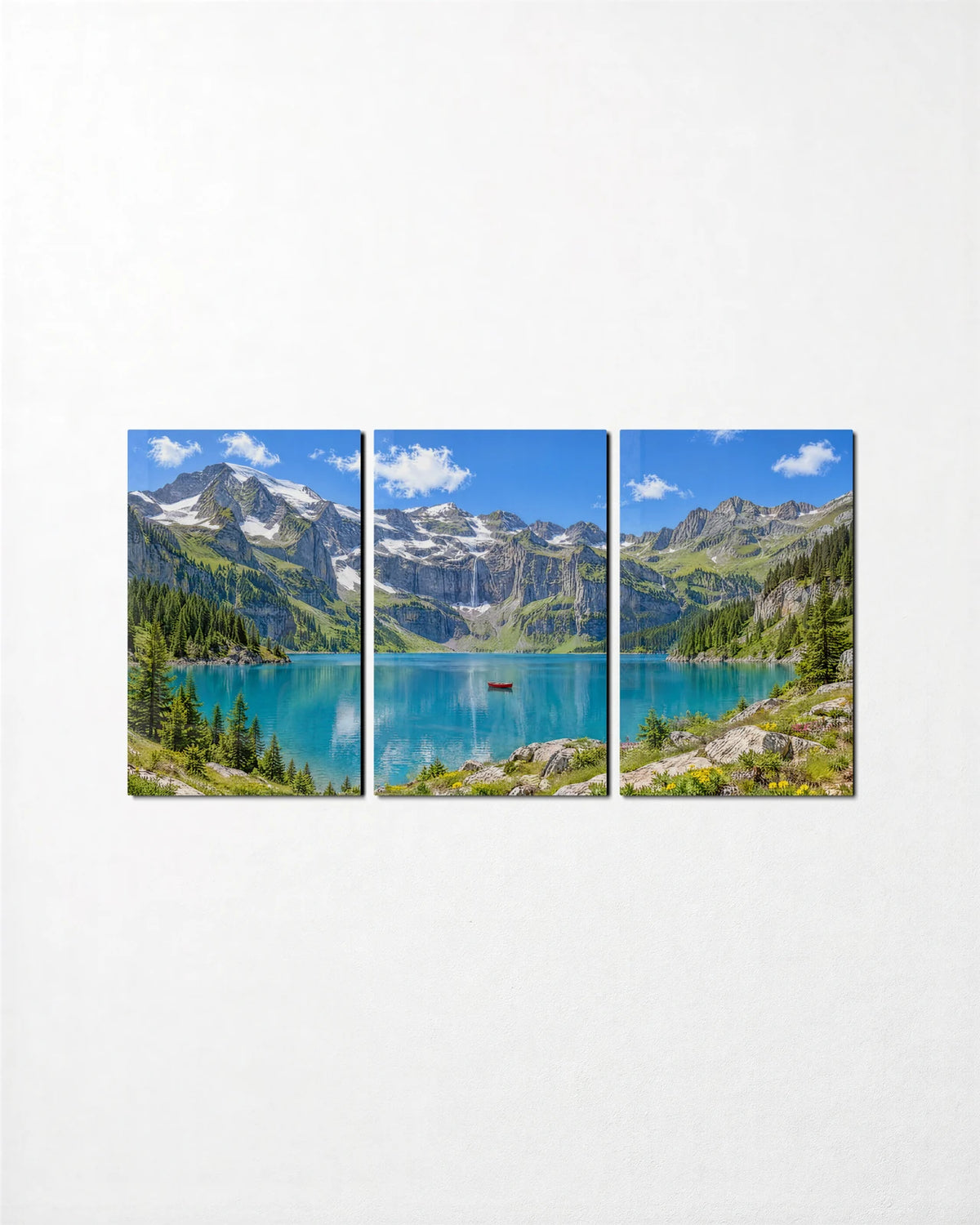 Alpine Lake Trio — 3-panel glass wall art set on a wall