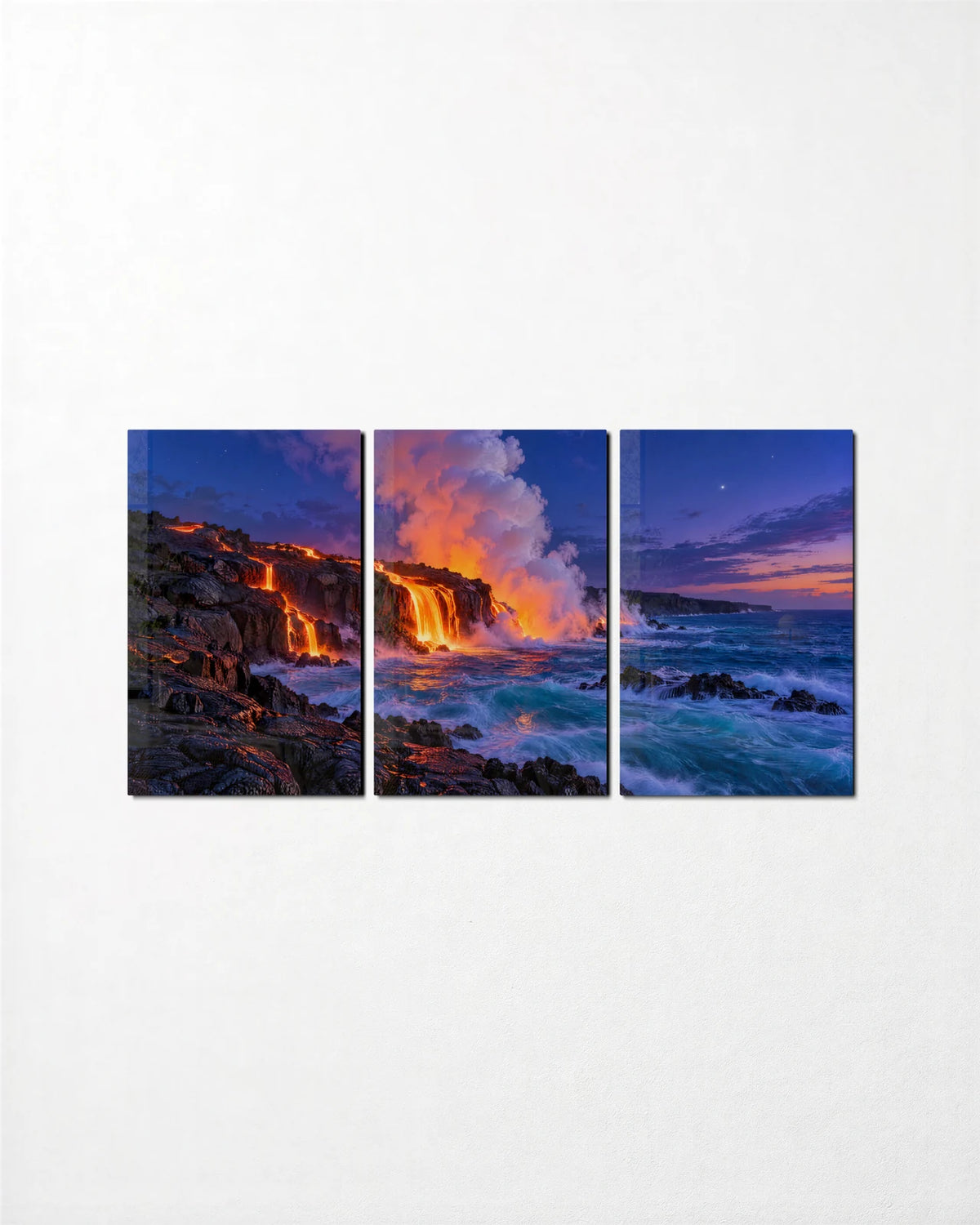 Lava Meets Sea Trio — 3-panel glass wall art set on a wall