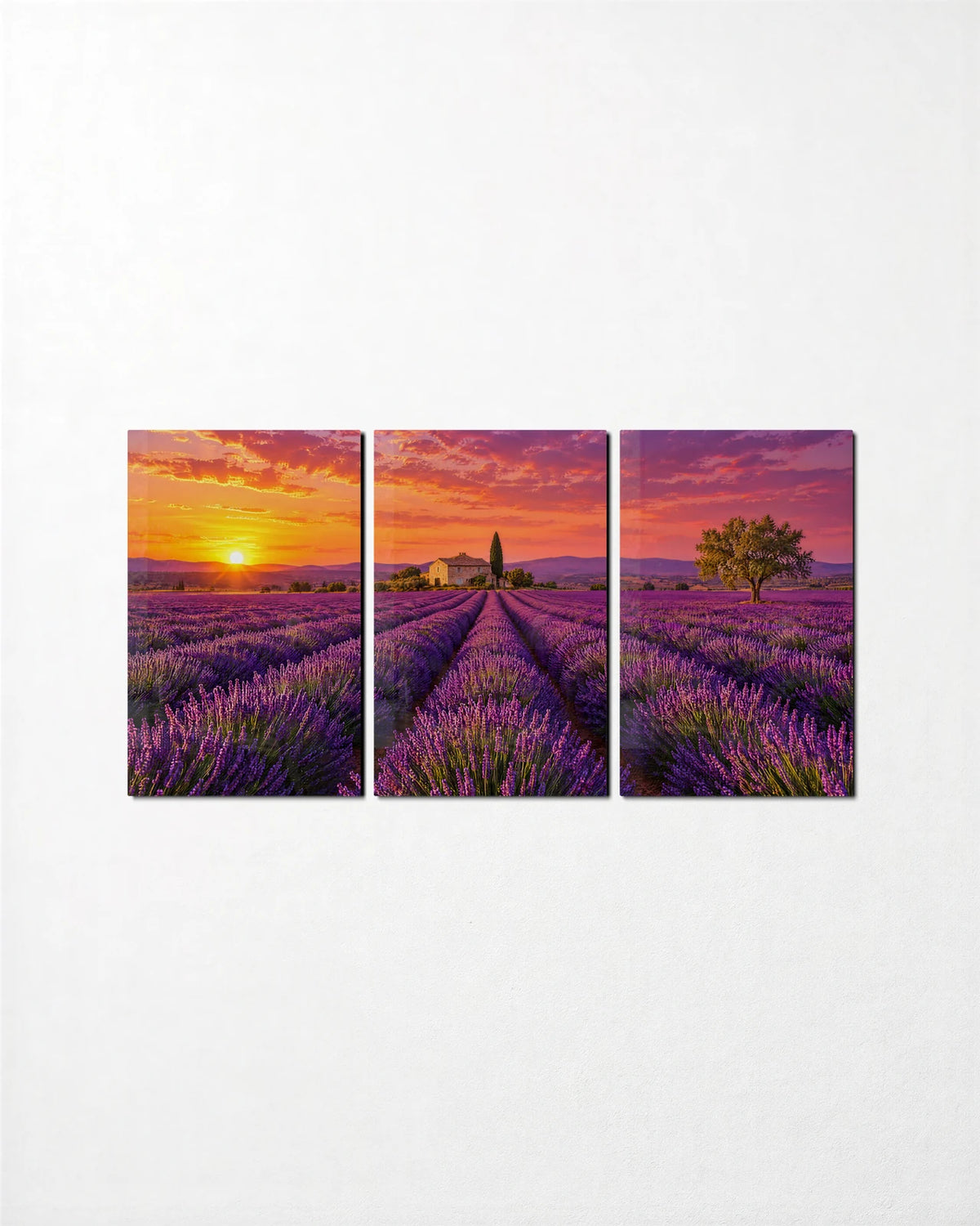 Lavender Fields Trio — 3-panel glass wall art set on a wall