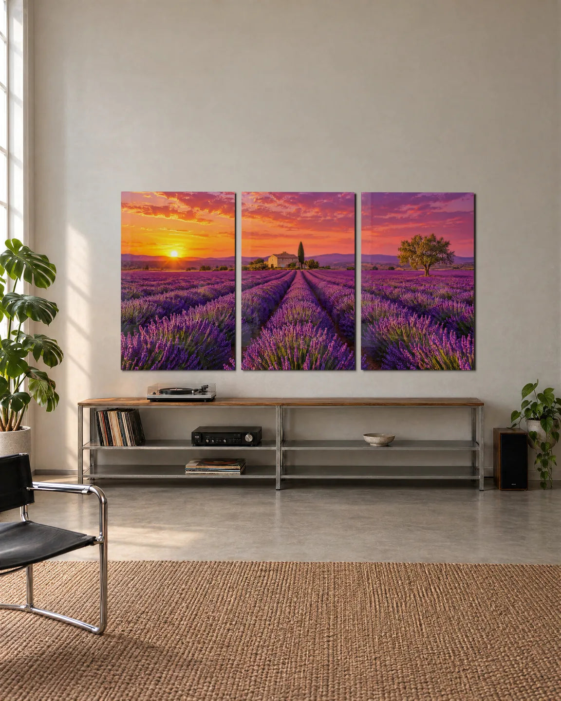 Lavender Fields Trio — 3-panel set shown in a living space