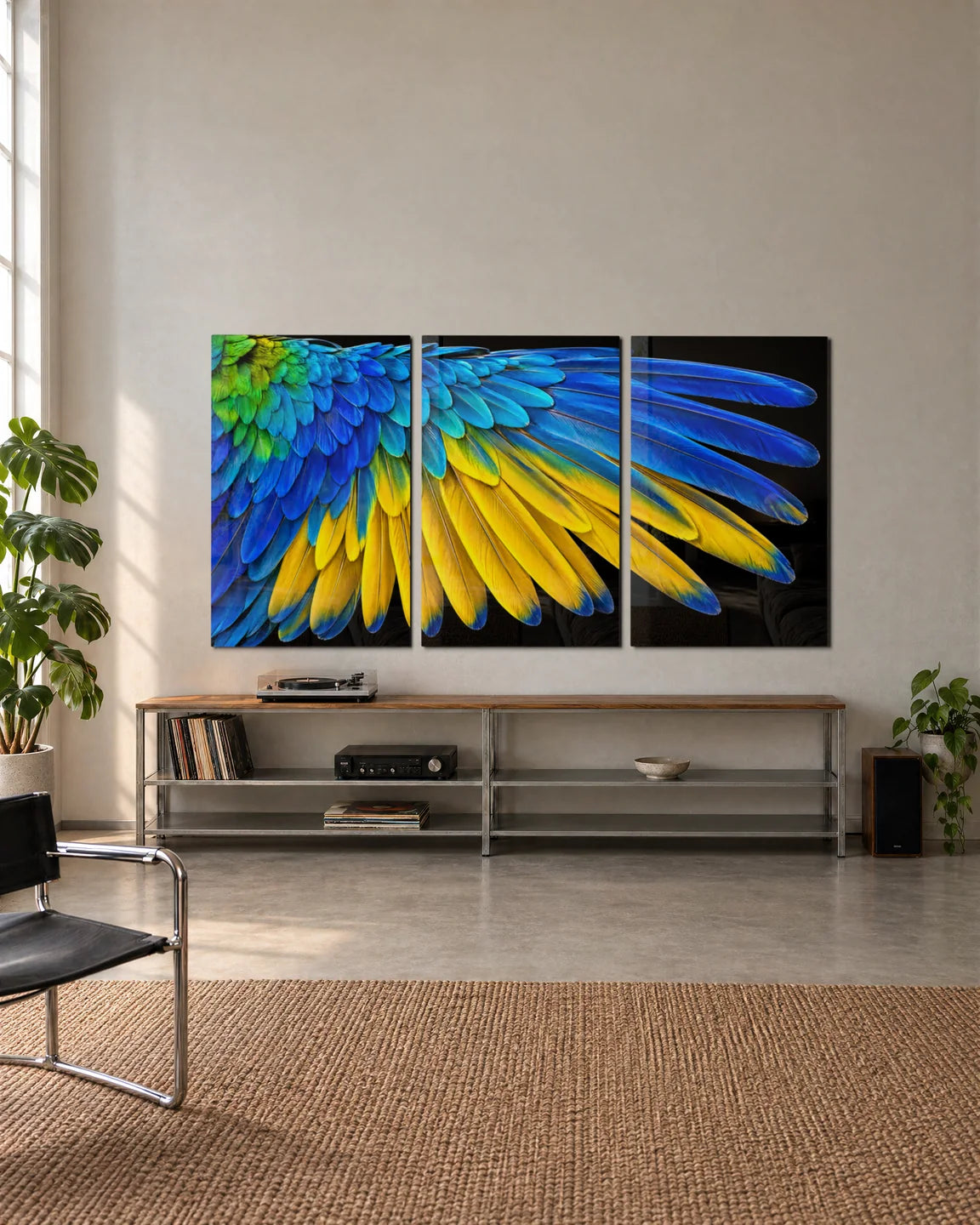 Macaw Wing Trio — 3-panel set shown in a living space