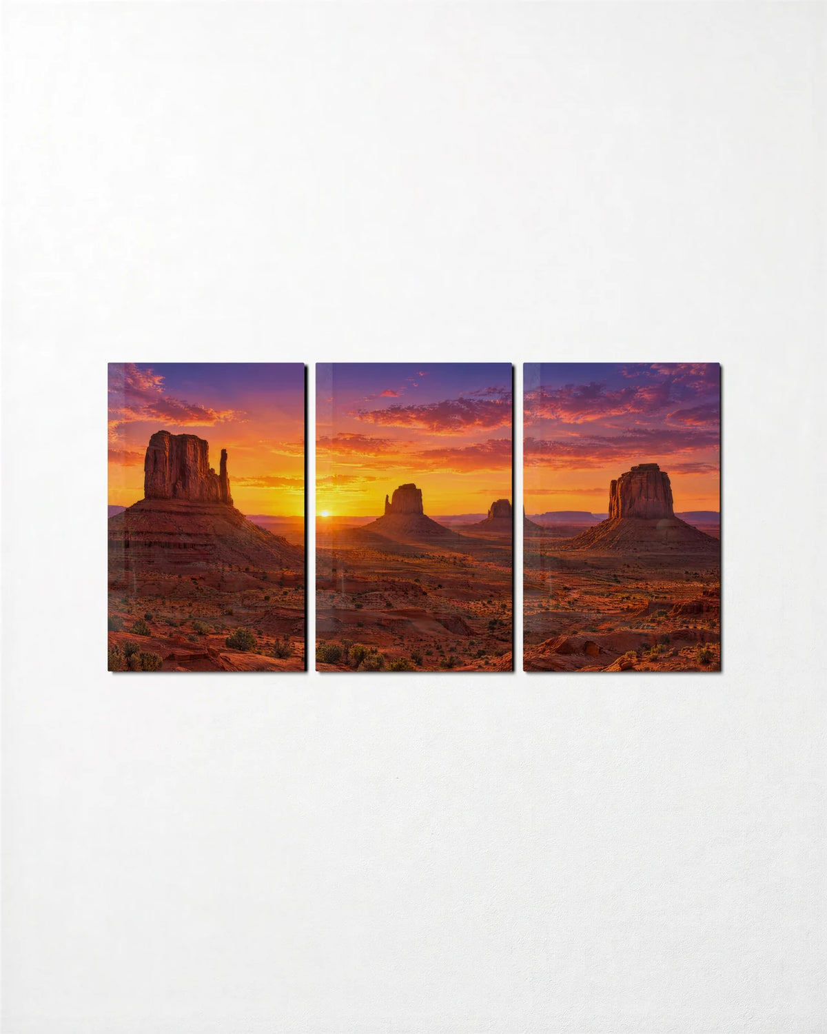 Desert Buttes Trio — 3-panel glass wall art set on a wall