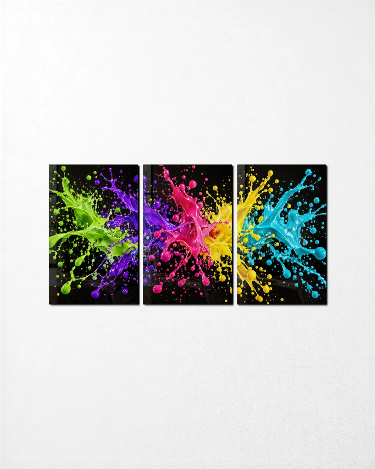 Neon Splash Trio — 3-panel glass wall art set on a wall