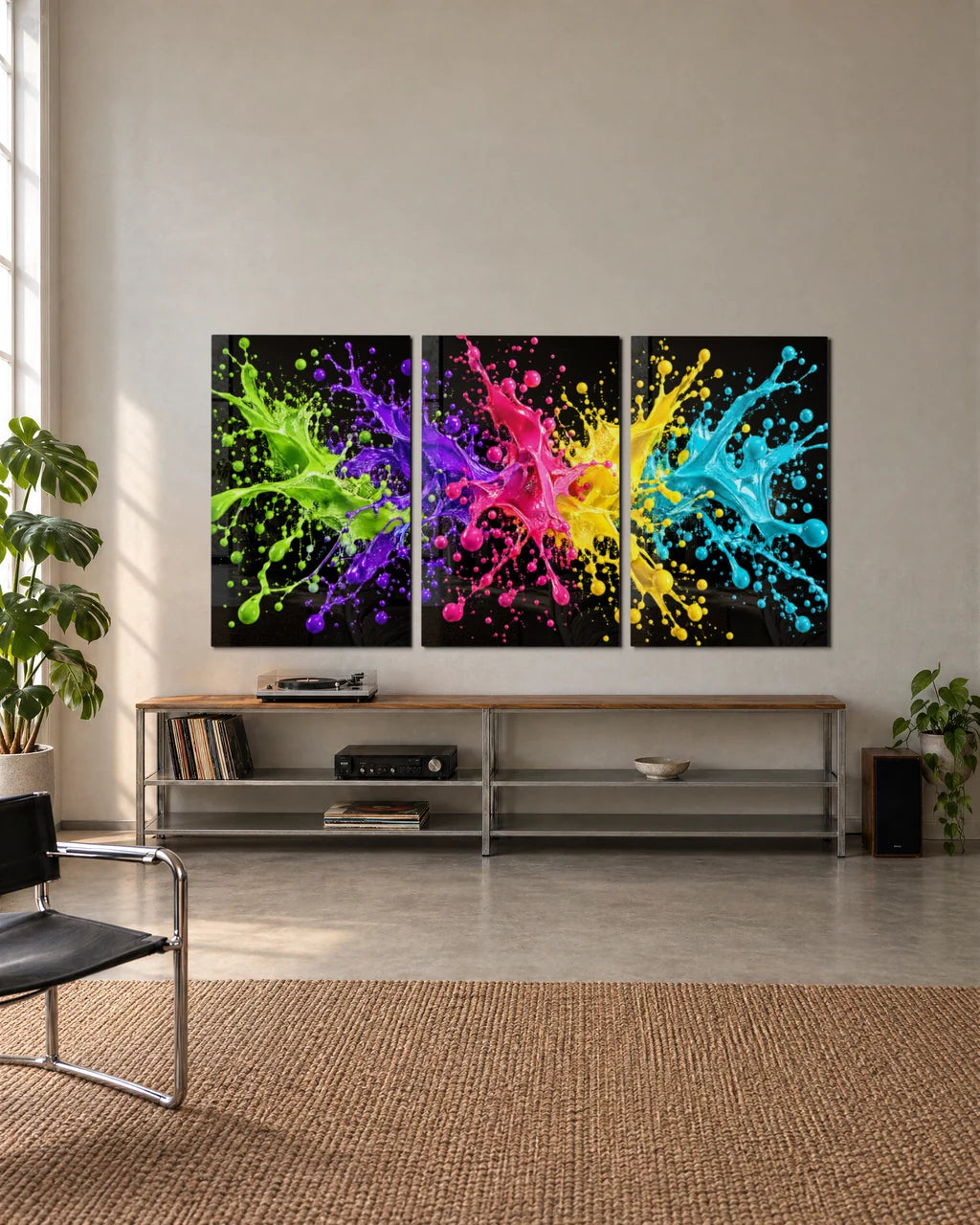 Neon Splash Trio — 3-panel set shown in a living space