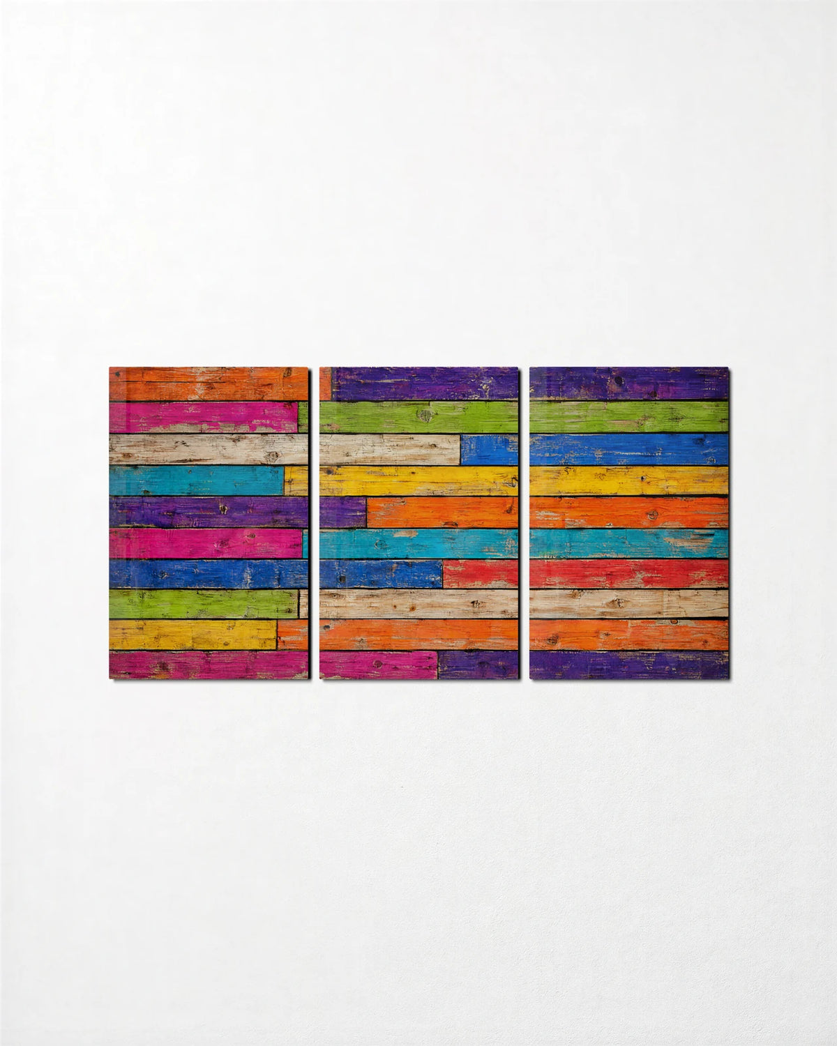 Painted Planks Trio — 3-panel glass wall art set on a wall