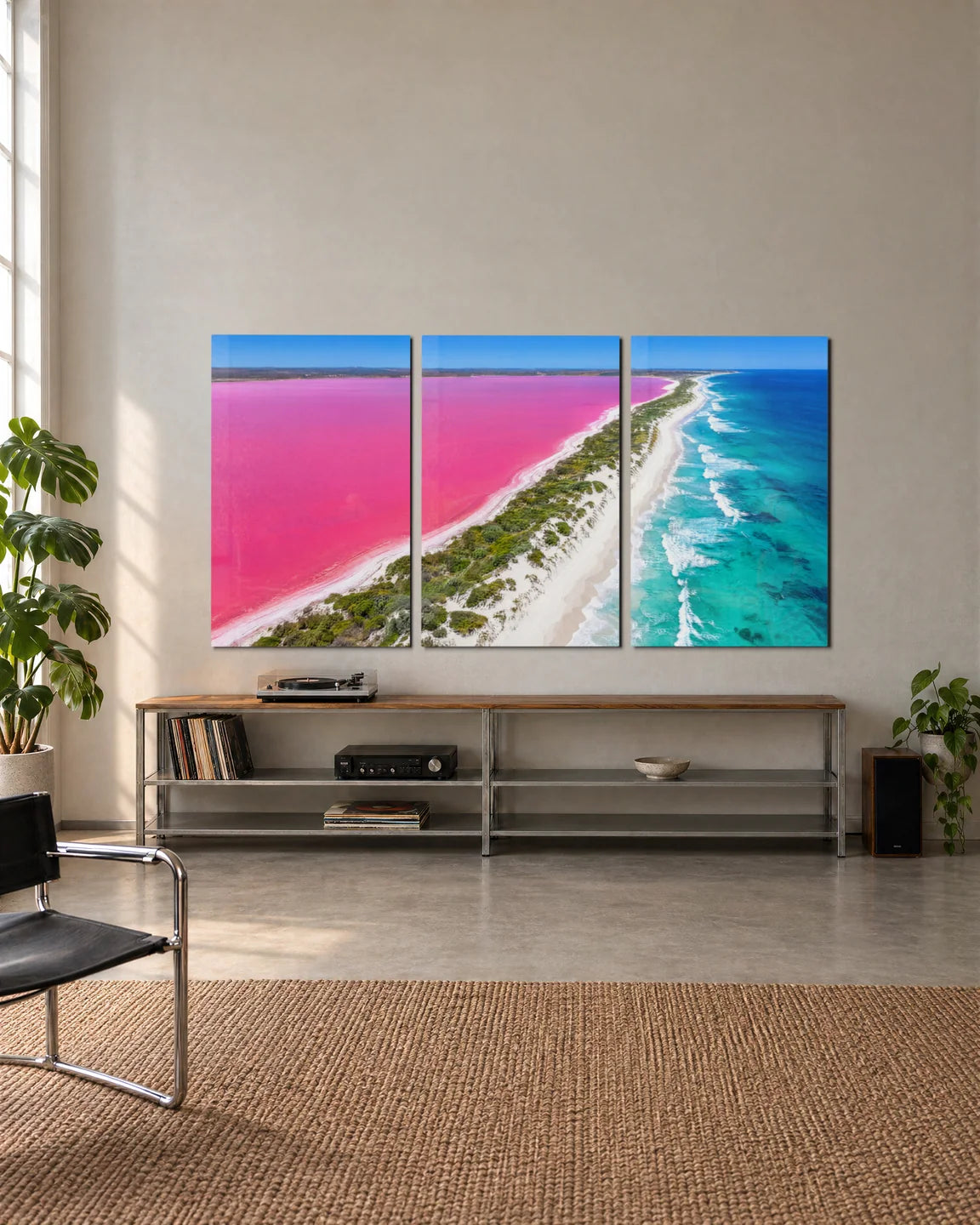 Pink Lake Coast Trio — 3-panel set shown in a living space