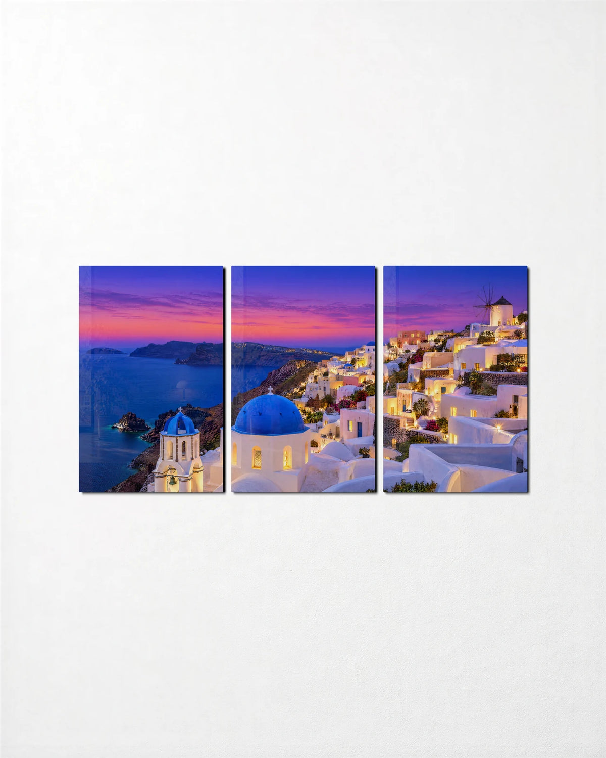 Santorini Evening Trio — 3-panel glass wall art set on a wall