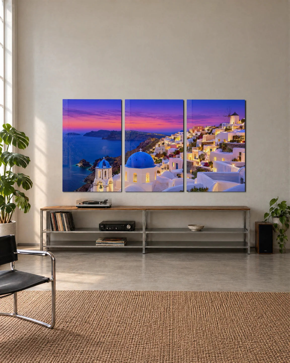 Santorini Evening Trio — 3-panel set shown in a living space