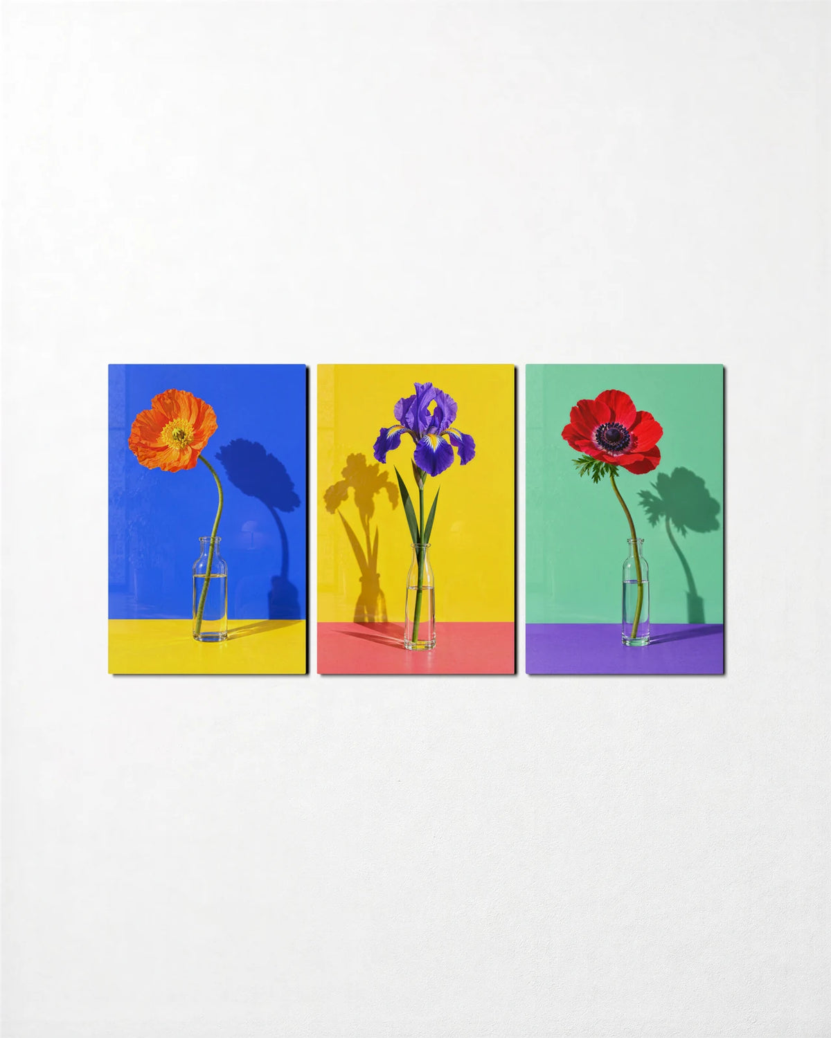 Single Stems Trio — 3-panel glass wall art set on a wall