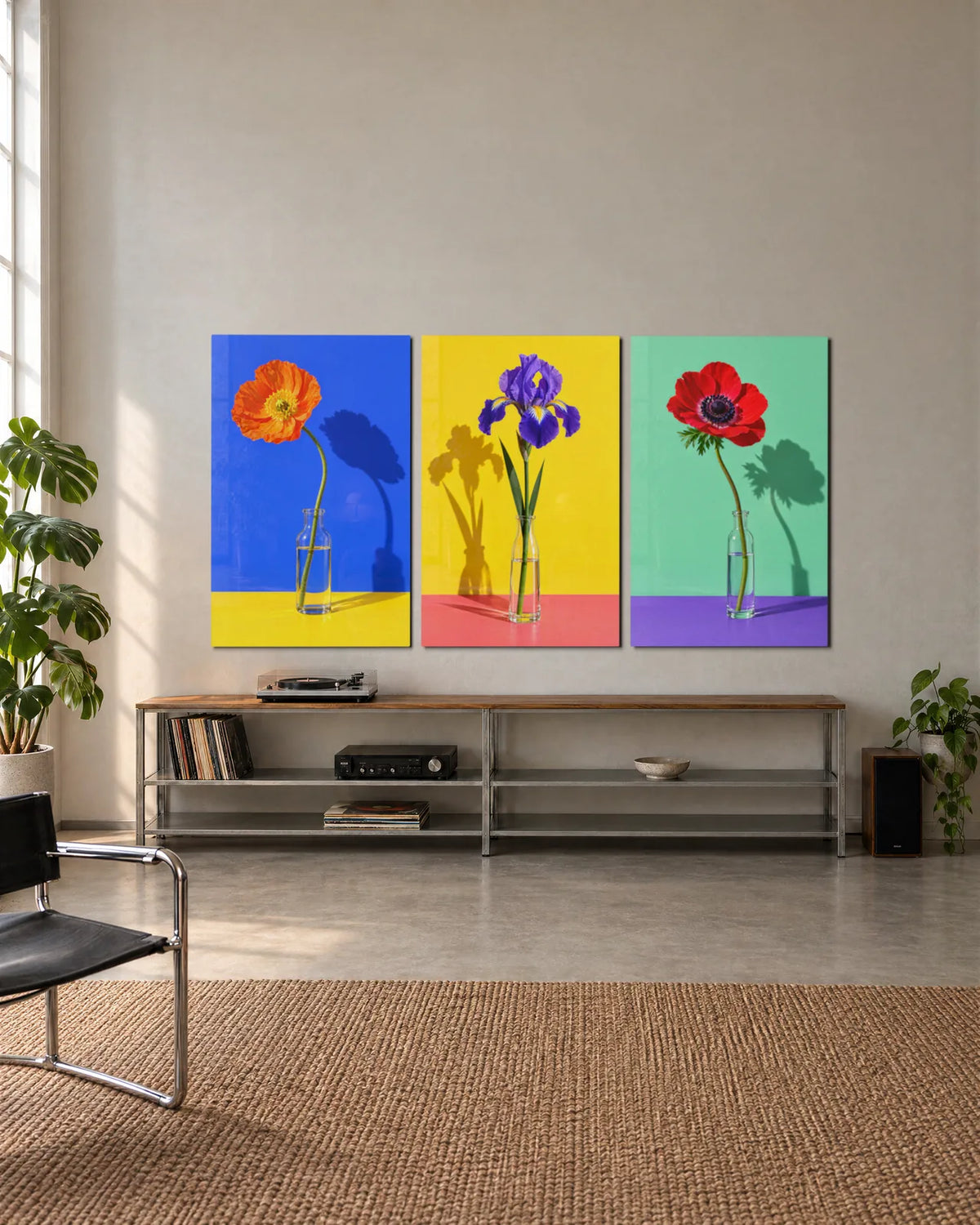 Single Stems Trio — 3-panel set shown in a living space