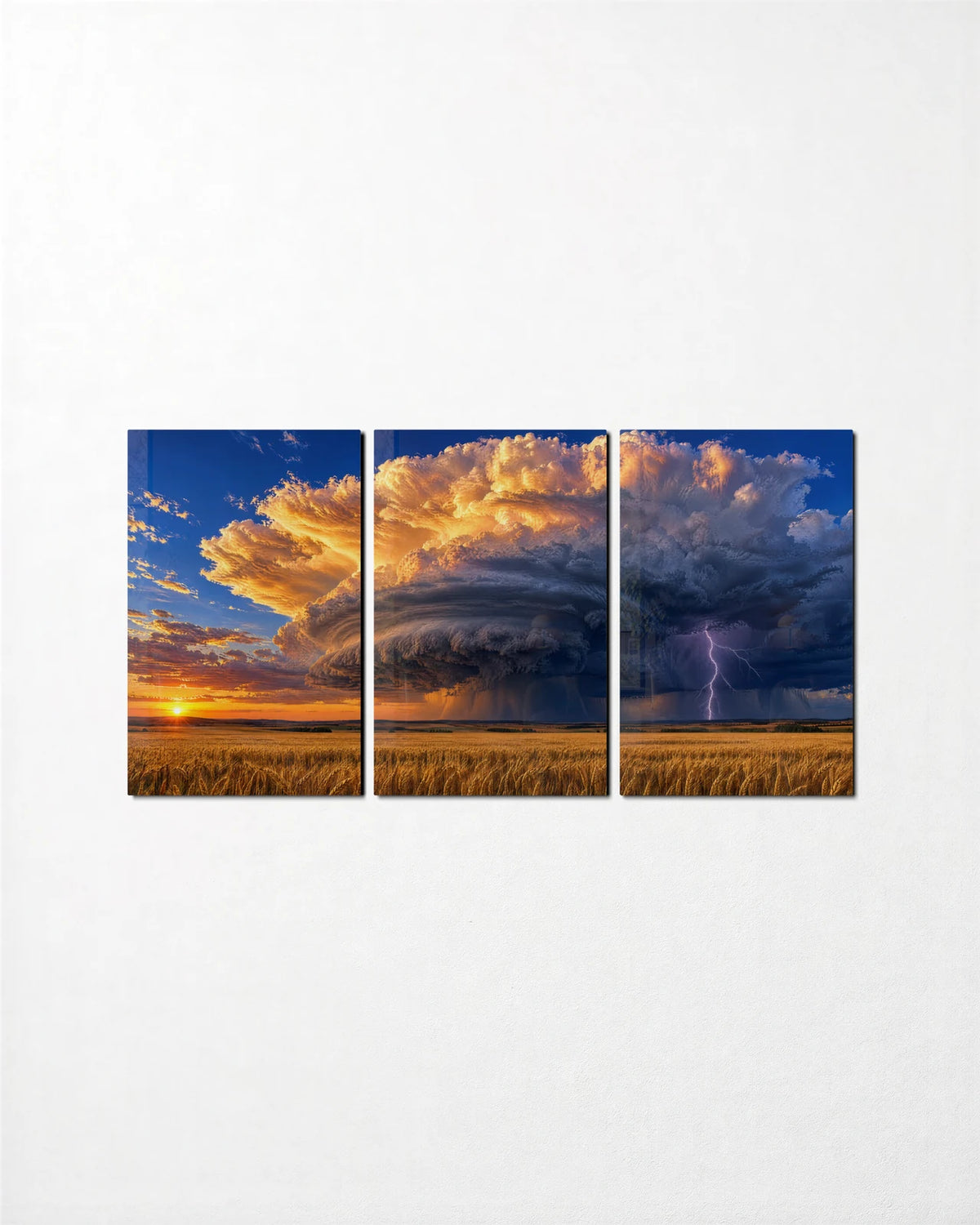 Storm Over Gold Trio — 3-panel glass wall art set on a wall
