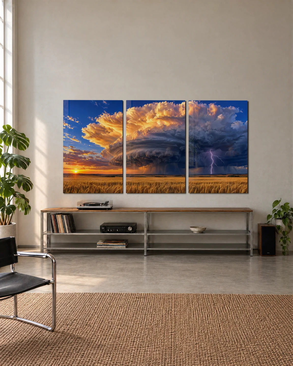 Storm Over Gold Trio — 3-panel set shown in a living space