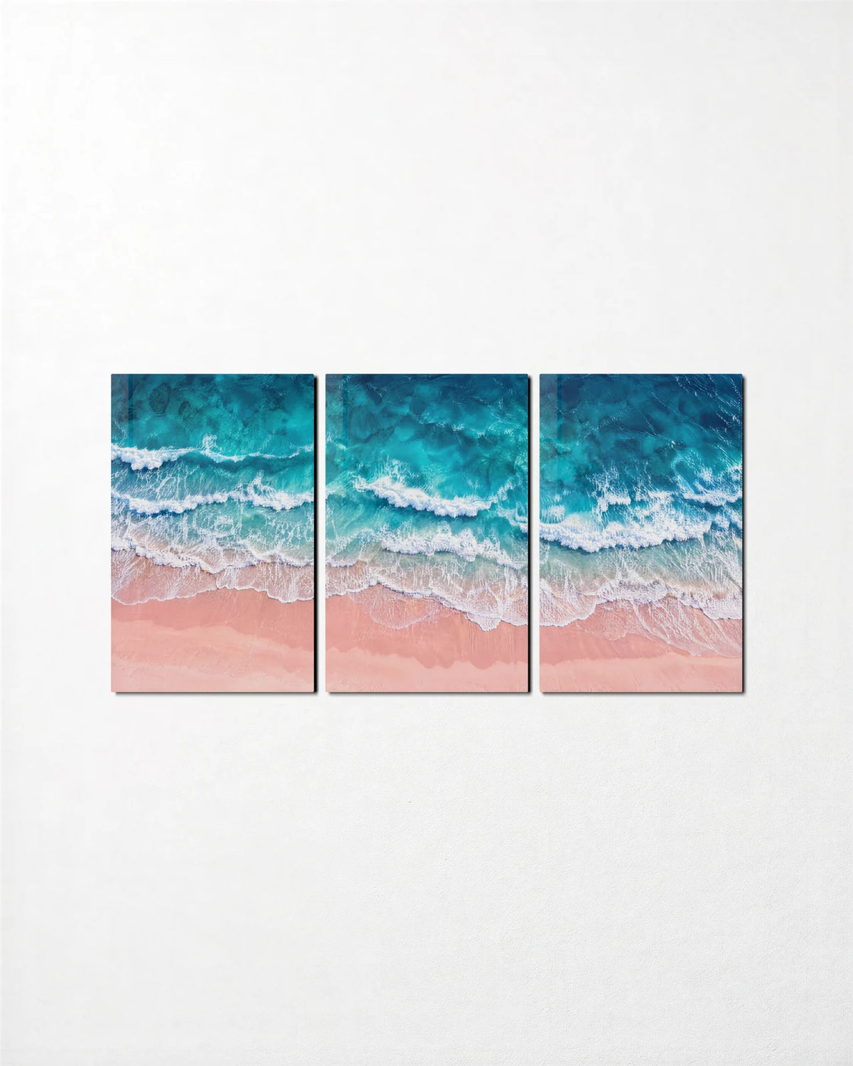 Surf From Above Trio — 3-panel glass wall art set on a wall