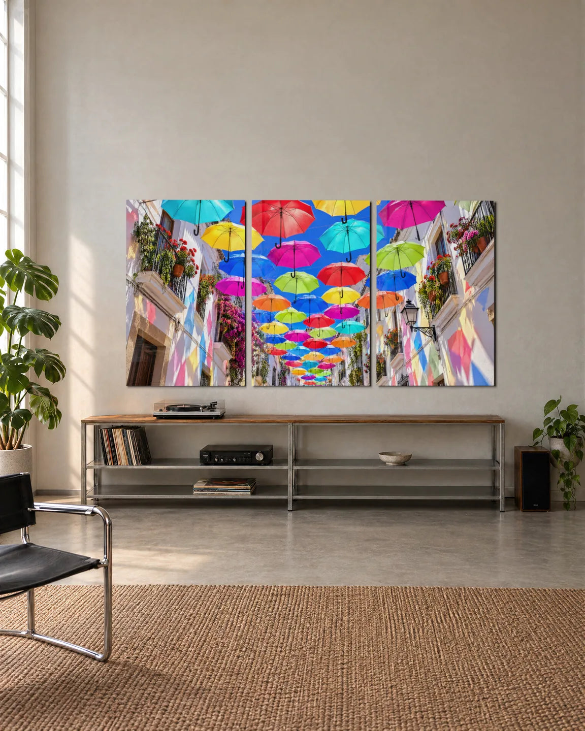 Umbrella Sky Trio — 3-panel set shown in a living space