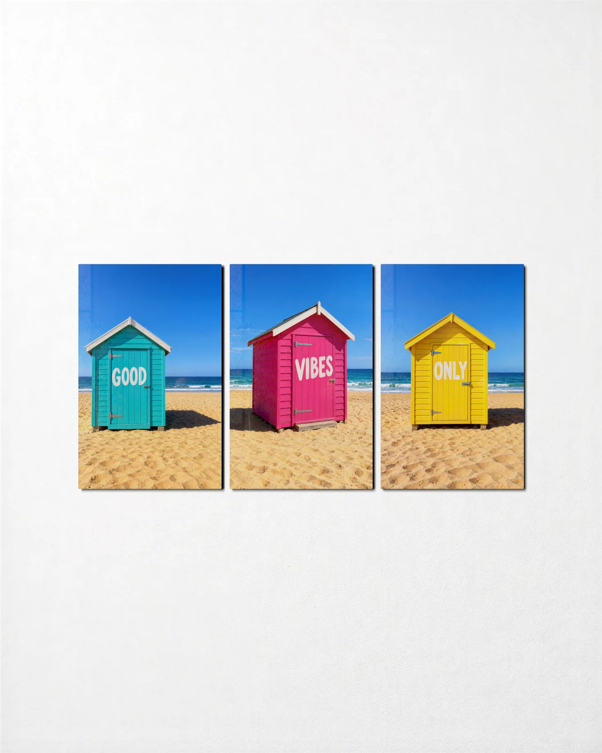 Good Vibes Only Trio — 3-panel glass wall art set on a wall