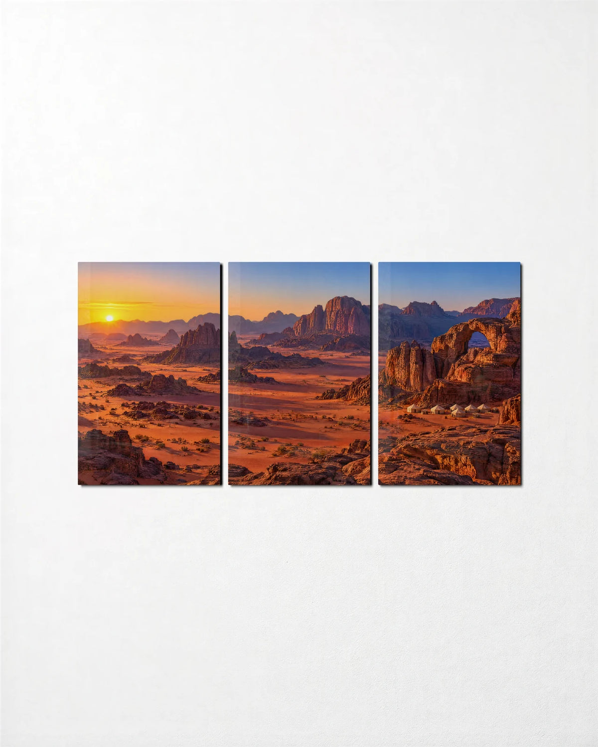 Wadi Rum Trio — 3-panel glass wall art set on a wall