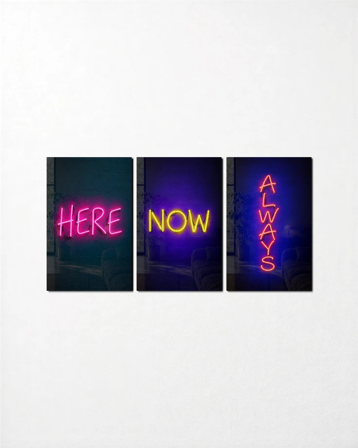 Here Now Always Trio — 3-panel glass wall art set on a wall