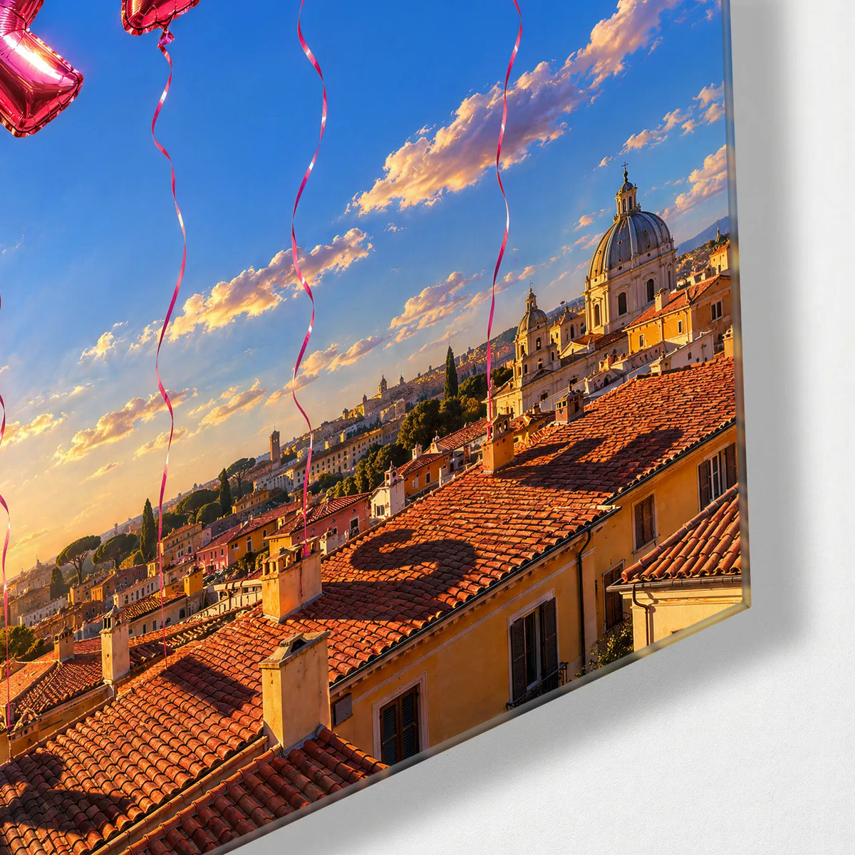 Rise Over the Rooftops — corner detail of glass wall art