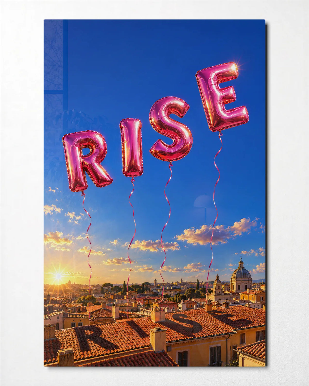 Rise Over the Rooftops — front view of glass wall art