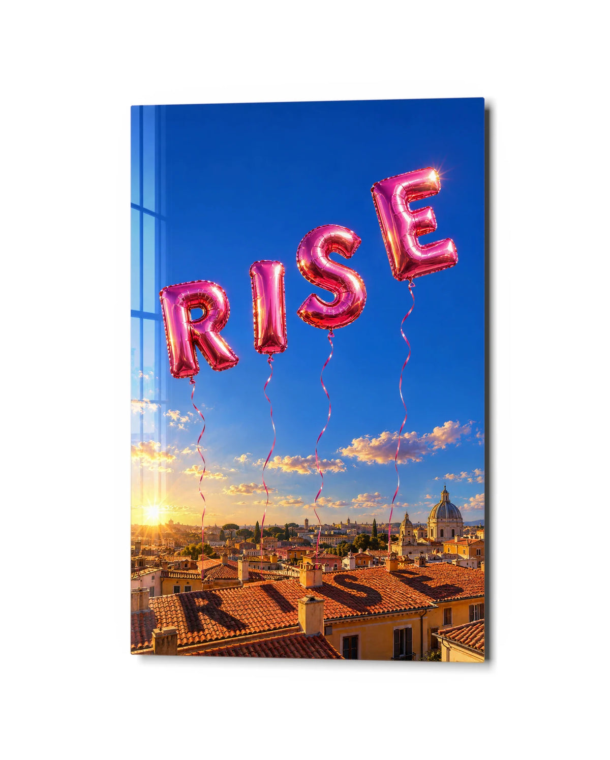 Rise Over the Rooftops — studio view of glass wall art