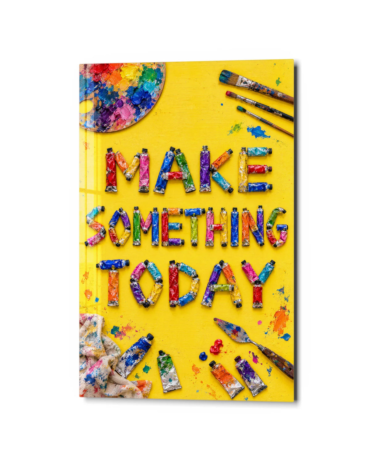 Make Something Today — studio view of glass wall art