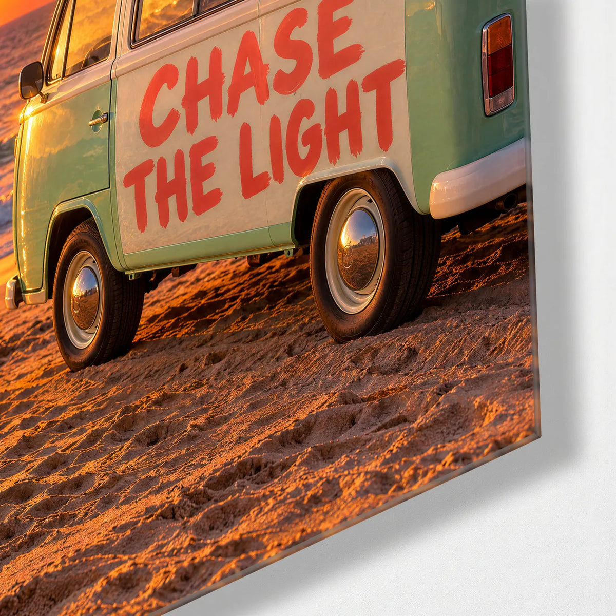 Chase the Light Van — corner detail of glass wall art