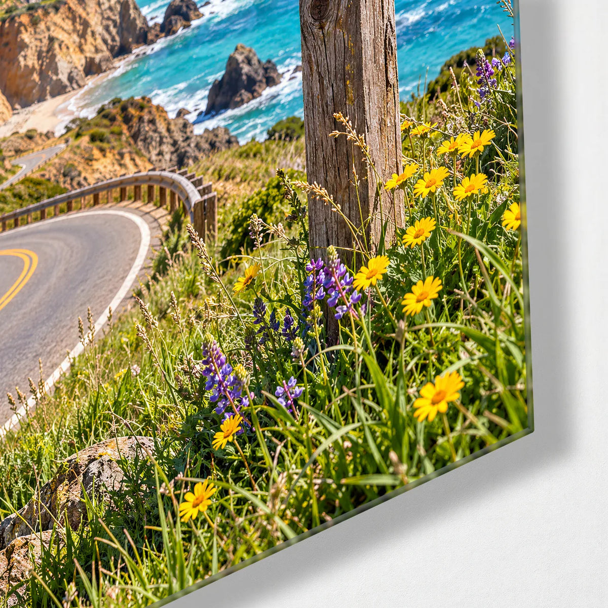 Scenic Route Sign — corner detail of glass wall art