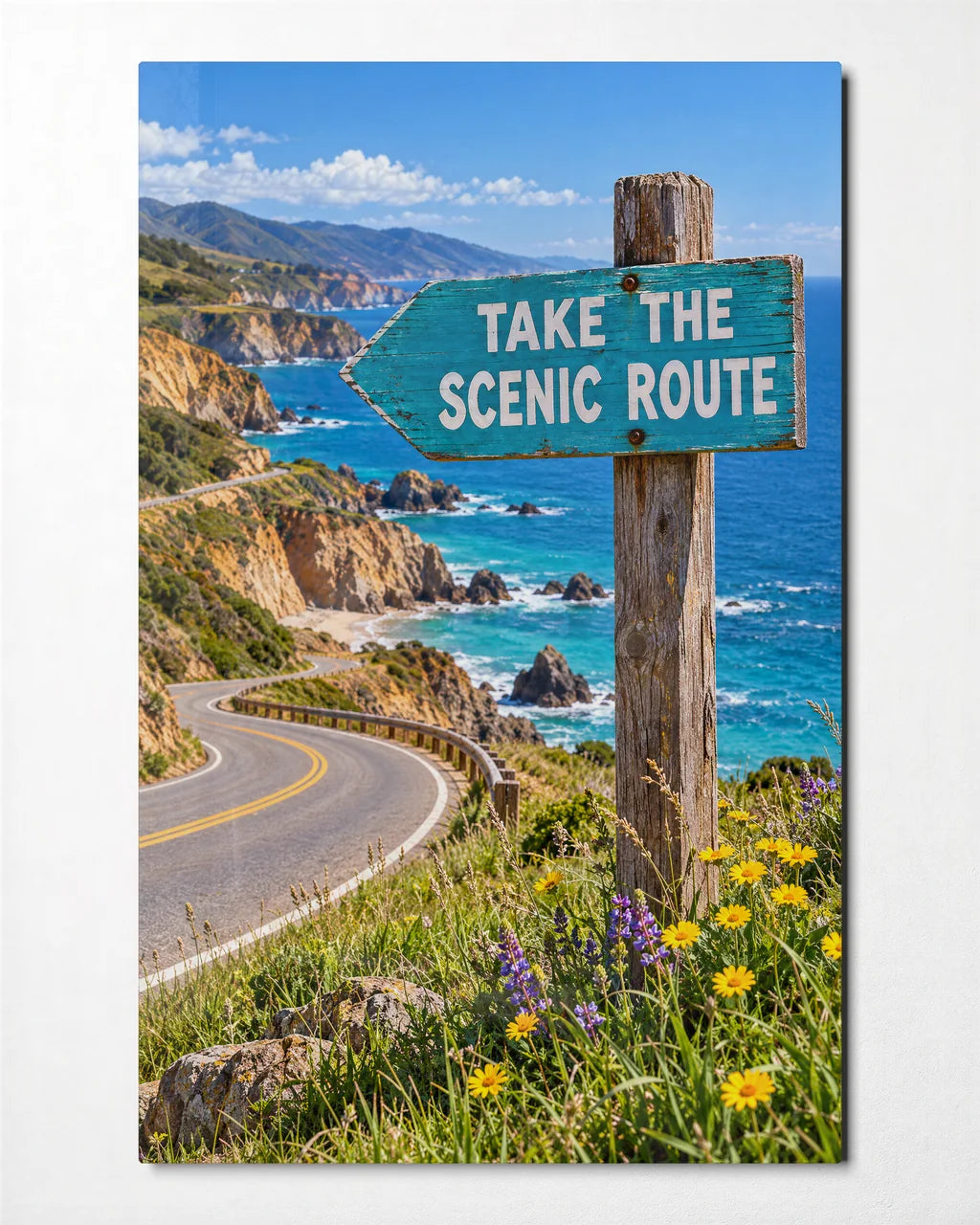 Scenic Route Sign — front view of glass wall art
