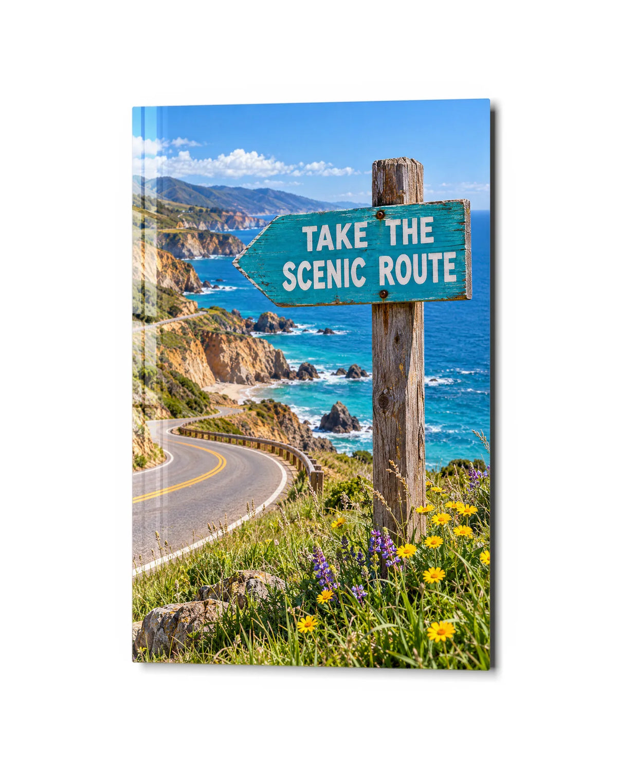 Scenic Route Sign — studio view of glass wall art