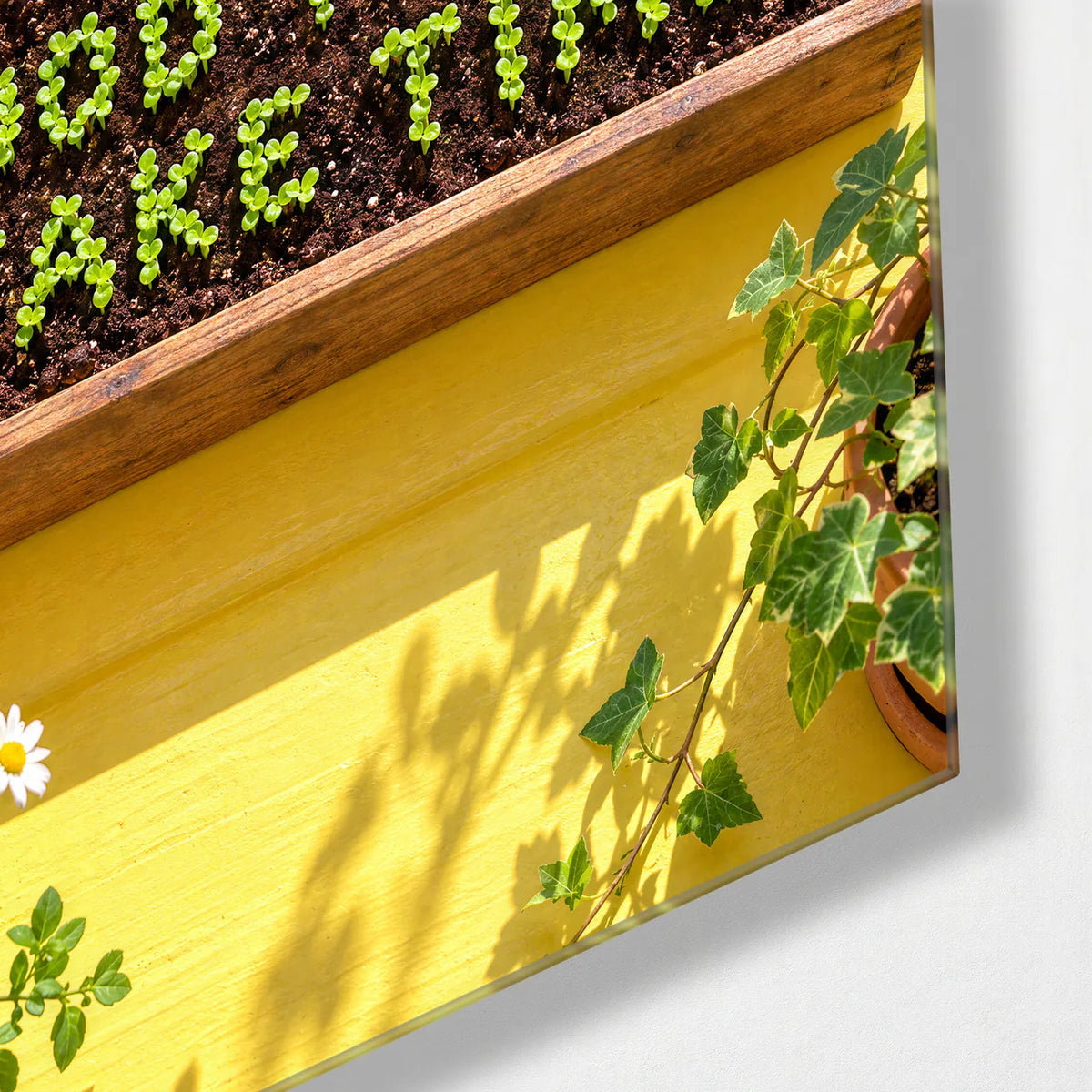 Good Things Take Time — corner detail of glass wall art