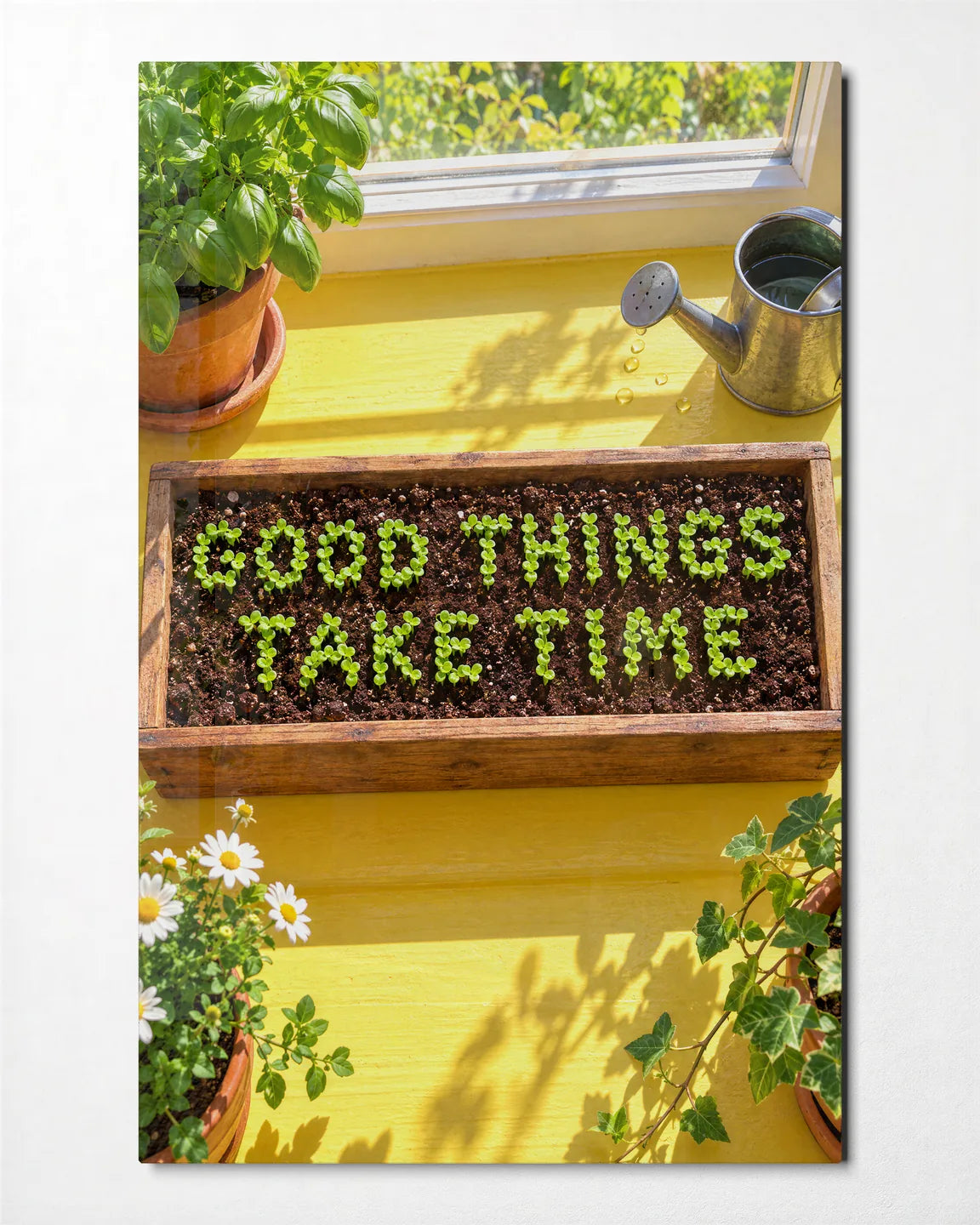 Good Things Take Time — front view of glass wall art