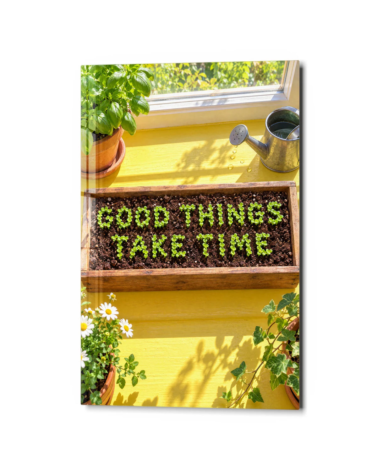 Good Things Take Time — studio view of glass wall art
