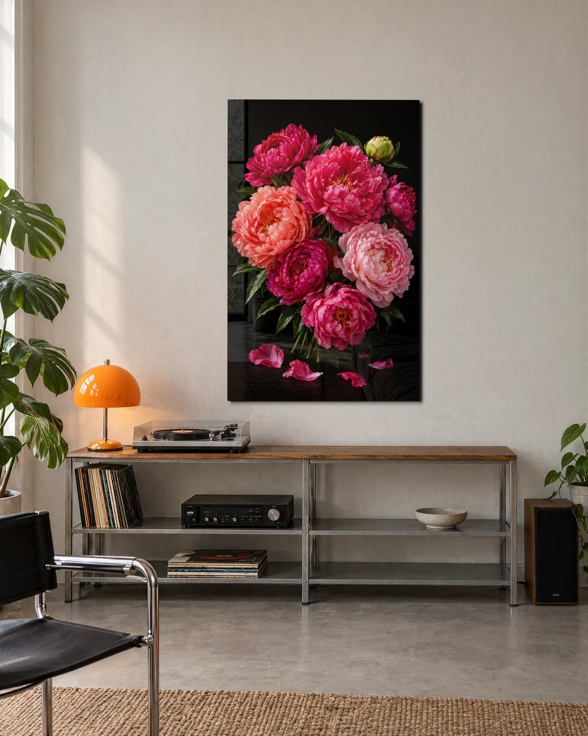 Peonies on Black — shown in a living space