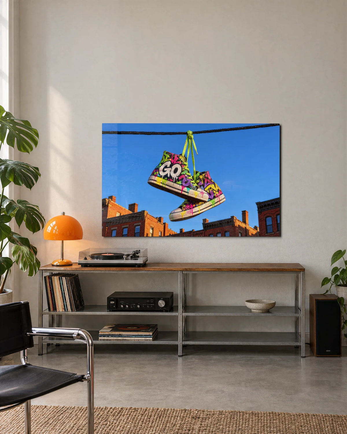 Sneakers on the Wire — shown in a living space