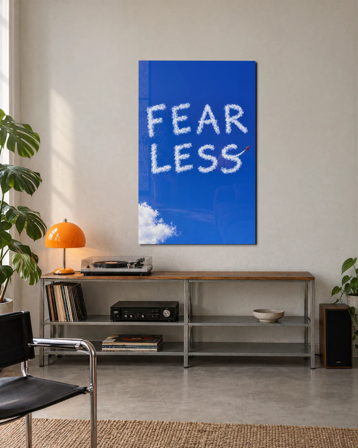Fear Less Skywriting — shown in a living space