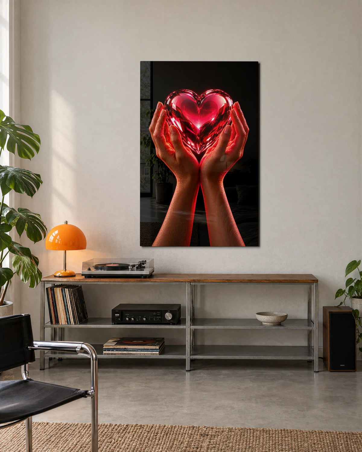 Glass Heart in Hands — shown in a living space